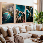 Large Three Piece Wall Art – Aerial View of Coast, Ocean & Lake - Natural Wood Framed Poster No Border - Artworksets