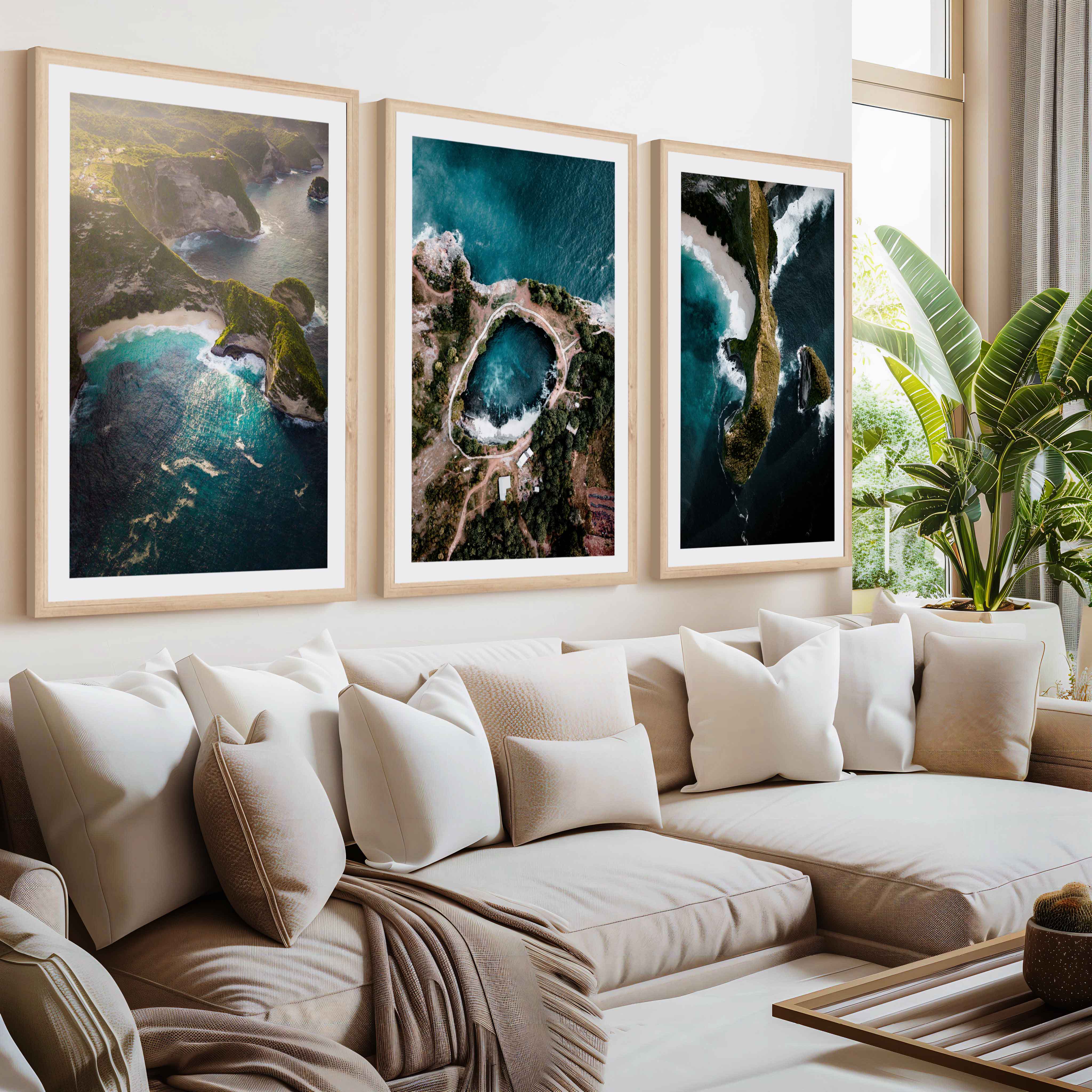 Large Three Piece Wall Art – Aerial View of Coast, Ocean & Lake- Natural Wood Framed Poster with White Border - Artworksets