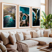 Large Three Piece Wall Art – Aerial View of Coast, Ocean & Lake- Natural Wood Framed Poster with White Border - Artworksets