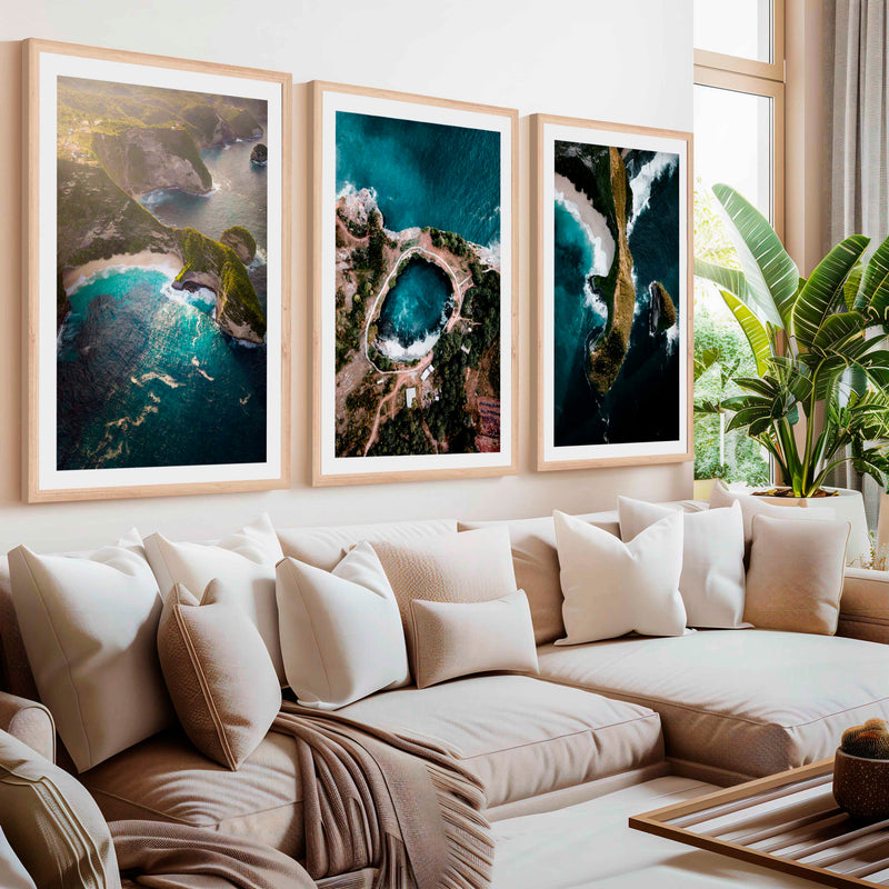Large Three Piece Wall Art – Aerial View of Coast, Ocean & Lake- Natural Wood Framed Poster with White Border - Artworksets