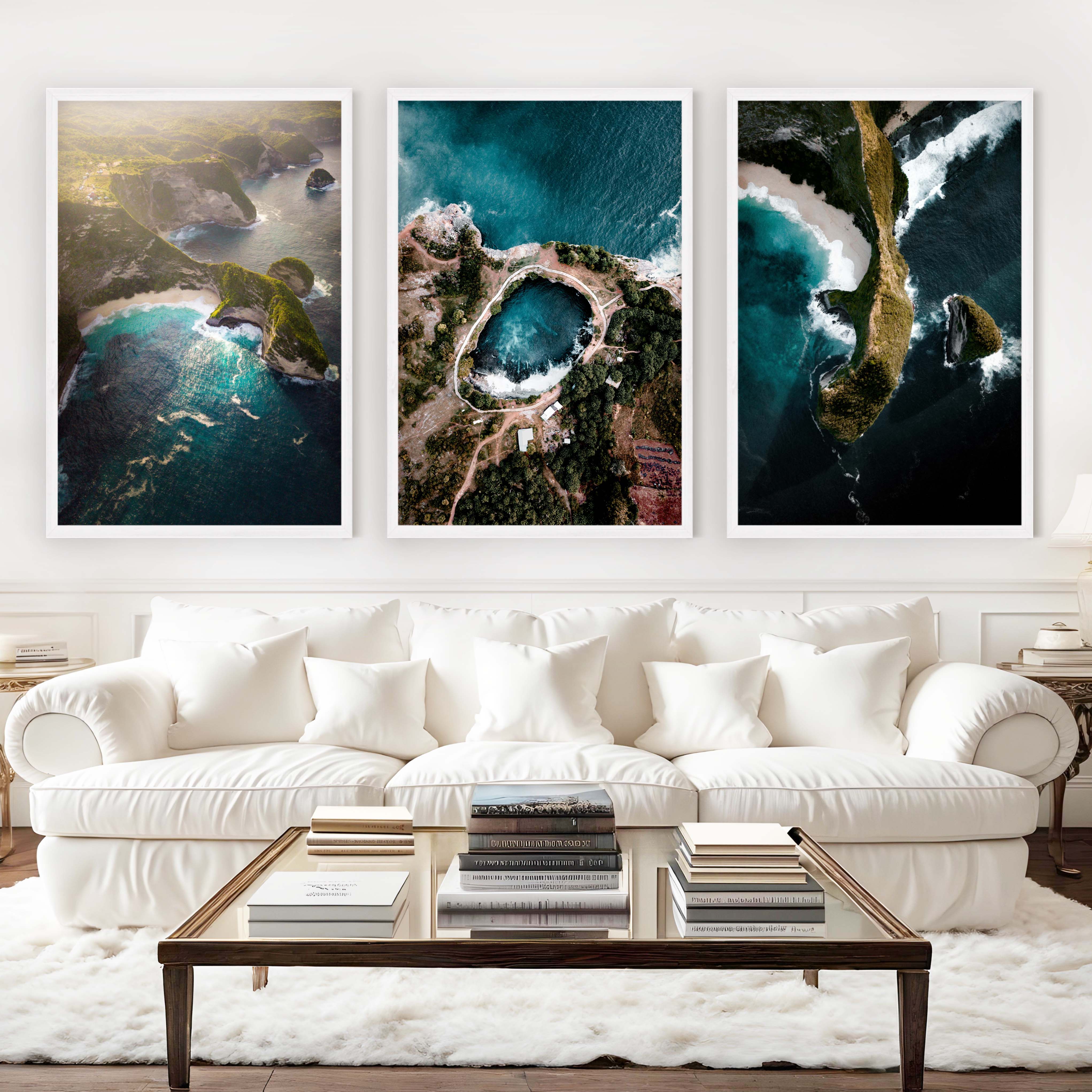 Large Three Piece Wall Art – Aerial View of Coast, Ocean & Lake - White Framed Poster No Border - Artworksets