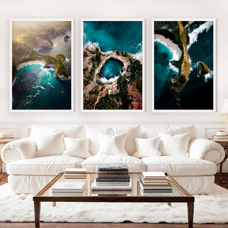 Large Three Piece Wall Art – Aerial View of Coast, Ocean & Lake - White Framed Poster No Border - Artworksets