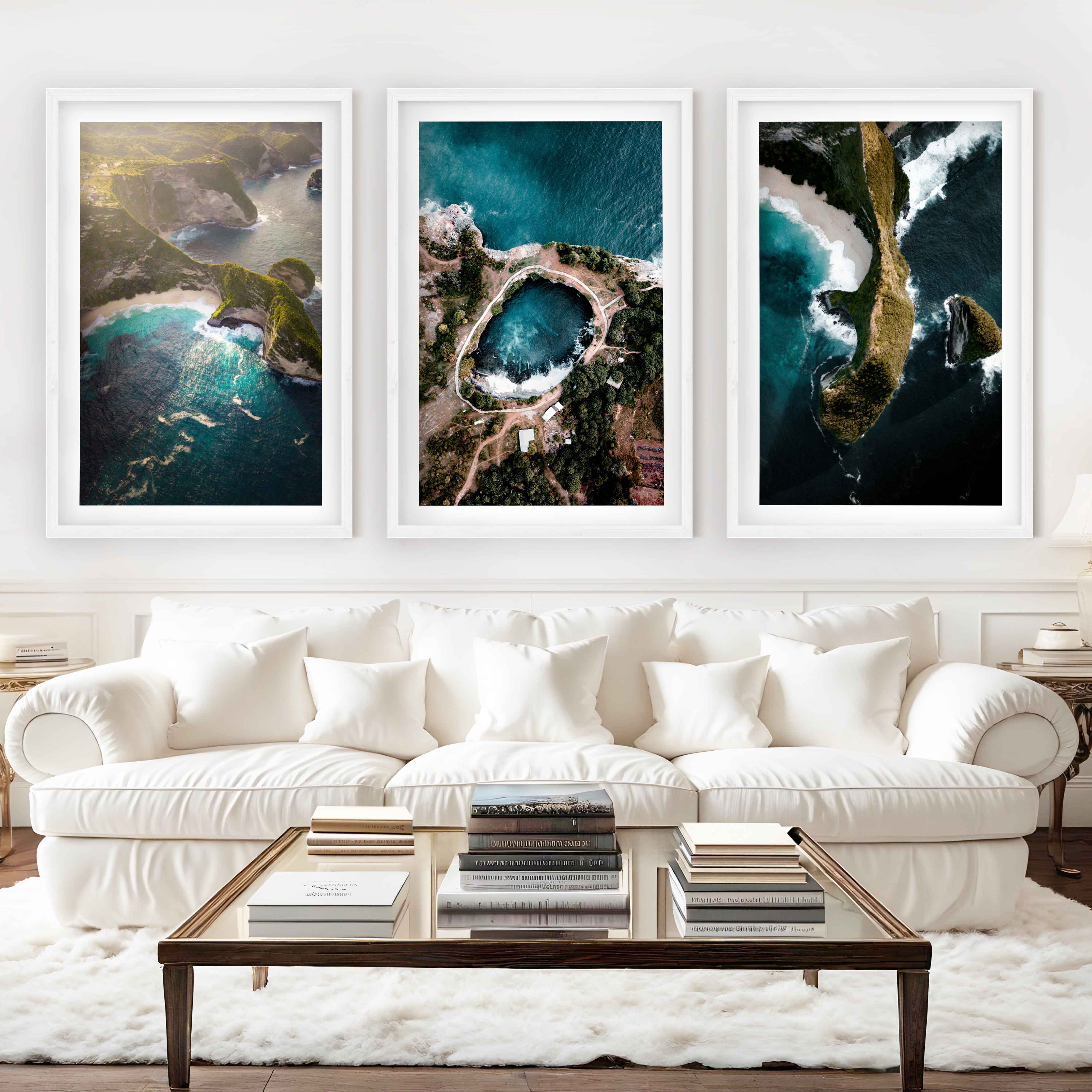 Large Three Piece Wall Art – Aerial View of Coast, Ocean & Lake - White Framed Poster with White Border - Artworksets