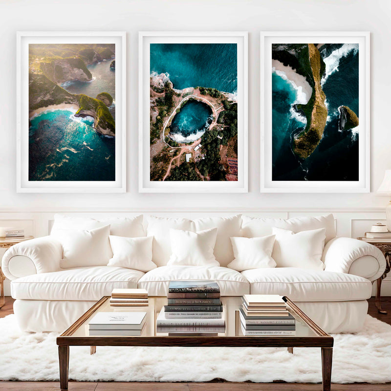 Large Three Piece Wall Art – Aerial View of Coast, Ocean & Lake - White Framed Poster with White Border - Artworksets