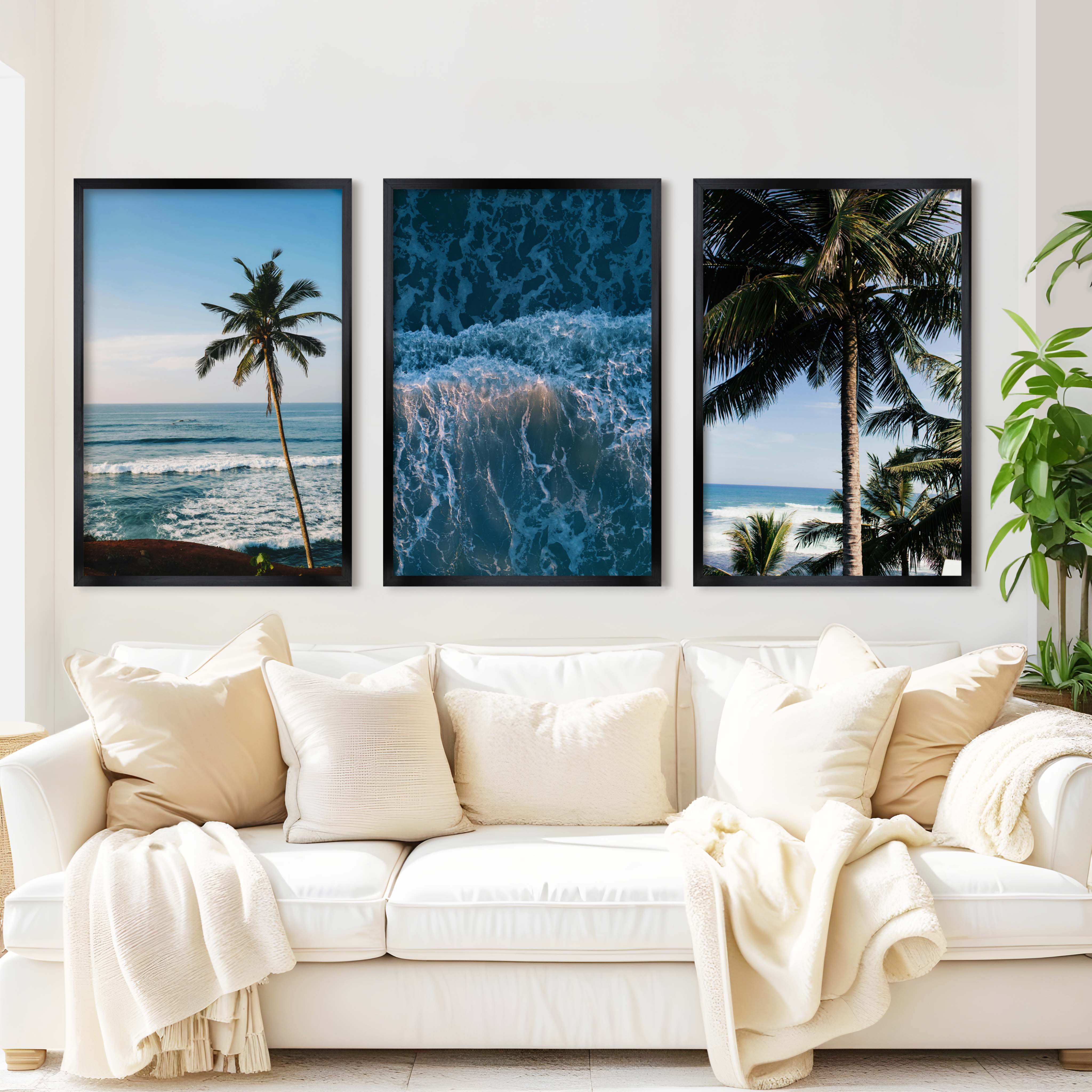 Large Vertical Coastal Wall Art – Palm Trees & Ocean Breeze - Black Framed Poster No Border - Artworksets