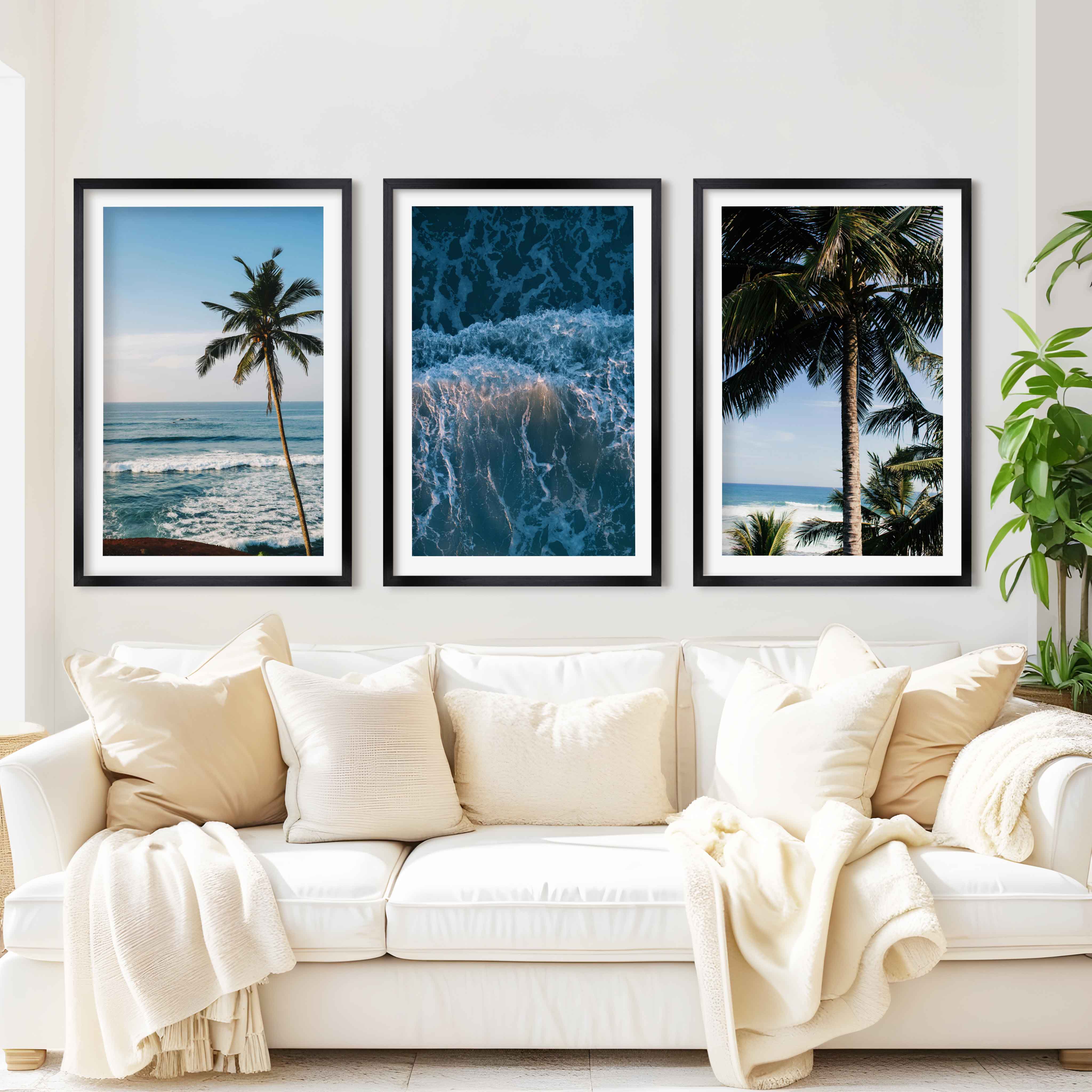 Large Vertical Coastal Wall Art – Palm Trees & Ocean Breeze - Black Framed Poster with White Border - Artworksets