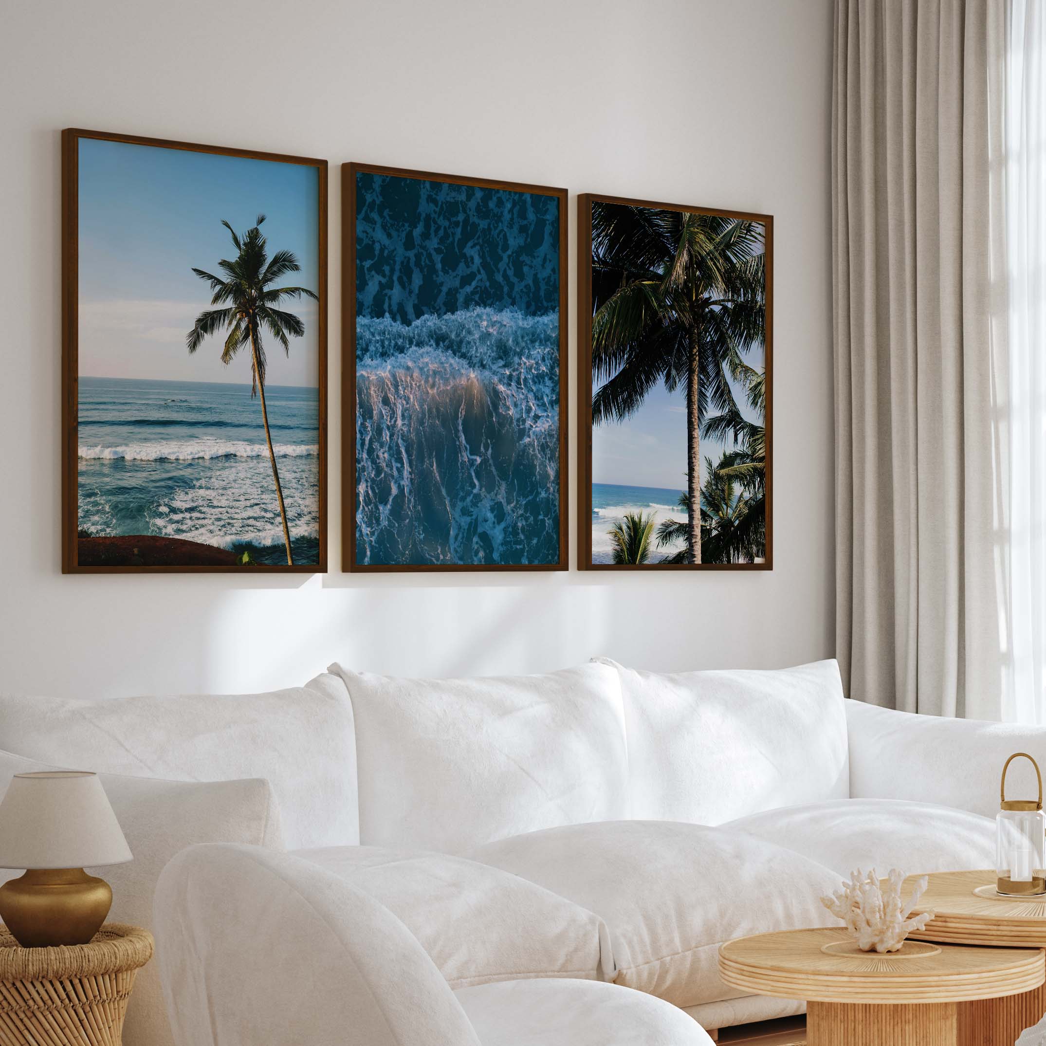 Large Vertical Coastal Wall Art – Palm Trees & Ocean Breeze - Dark Brown Framed Poster No Border - Artworksets