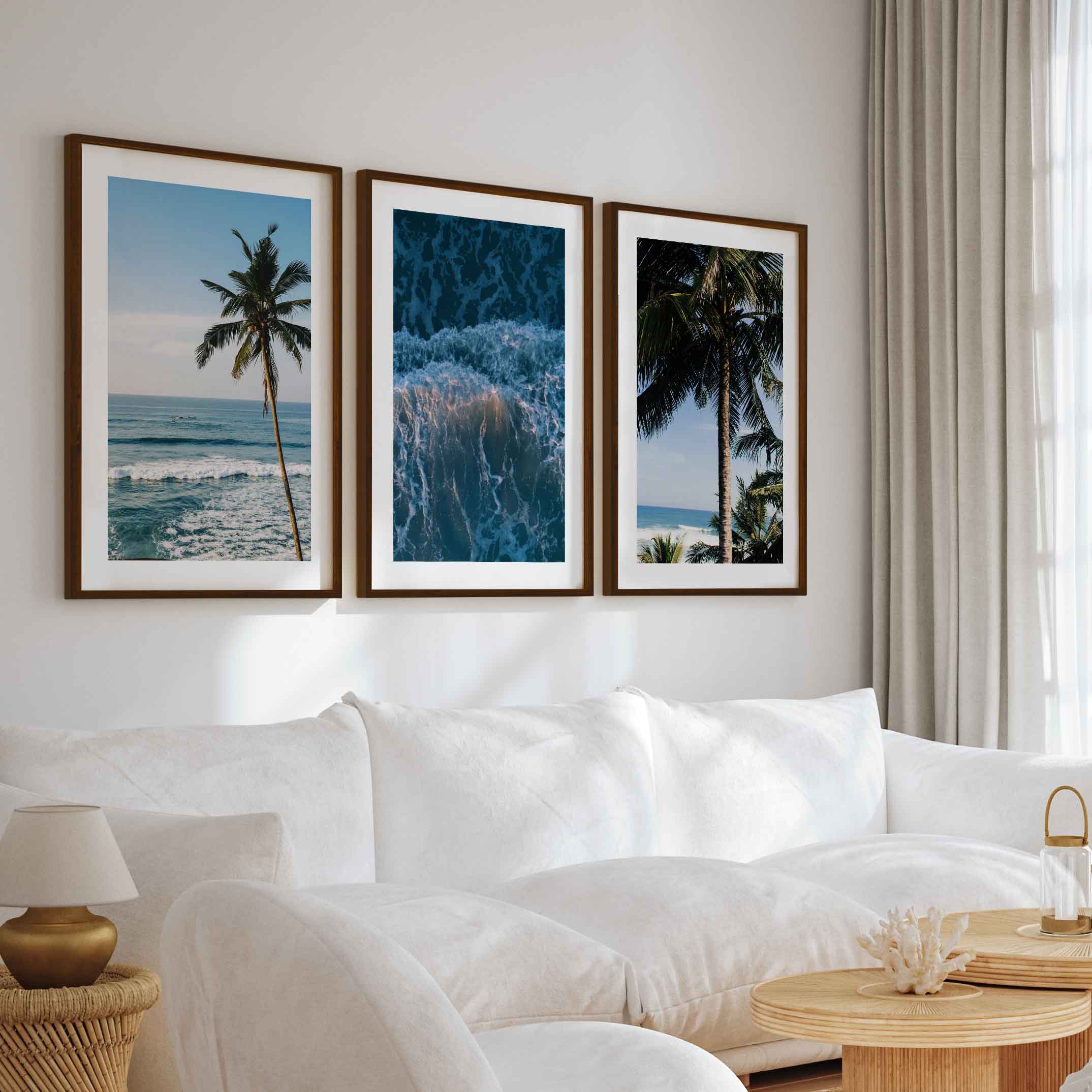 Large Vertical Coastal Wall Art – Palm Trees & Ocean Breeze - Dark Brown Framed Poster with White Border - Artworksets