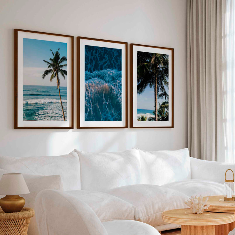 Large Vertical Coastal Wall Art – Palm Trees & Ocean Breeze - Dark Brown Framed Poster with White Border - Artworksets