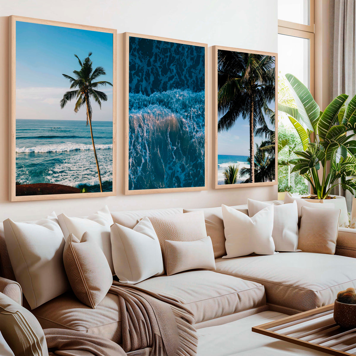 Large Vertical Coastal Wall Art – Palm Trees & Ocean Breeze - Natural Wood Framed Poster No Border - Artworksets