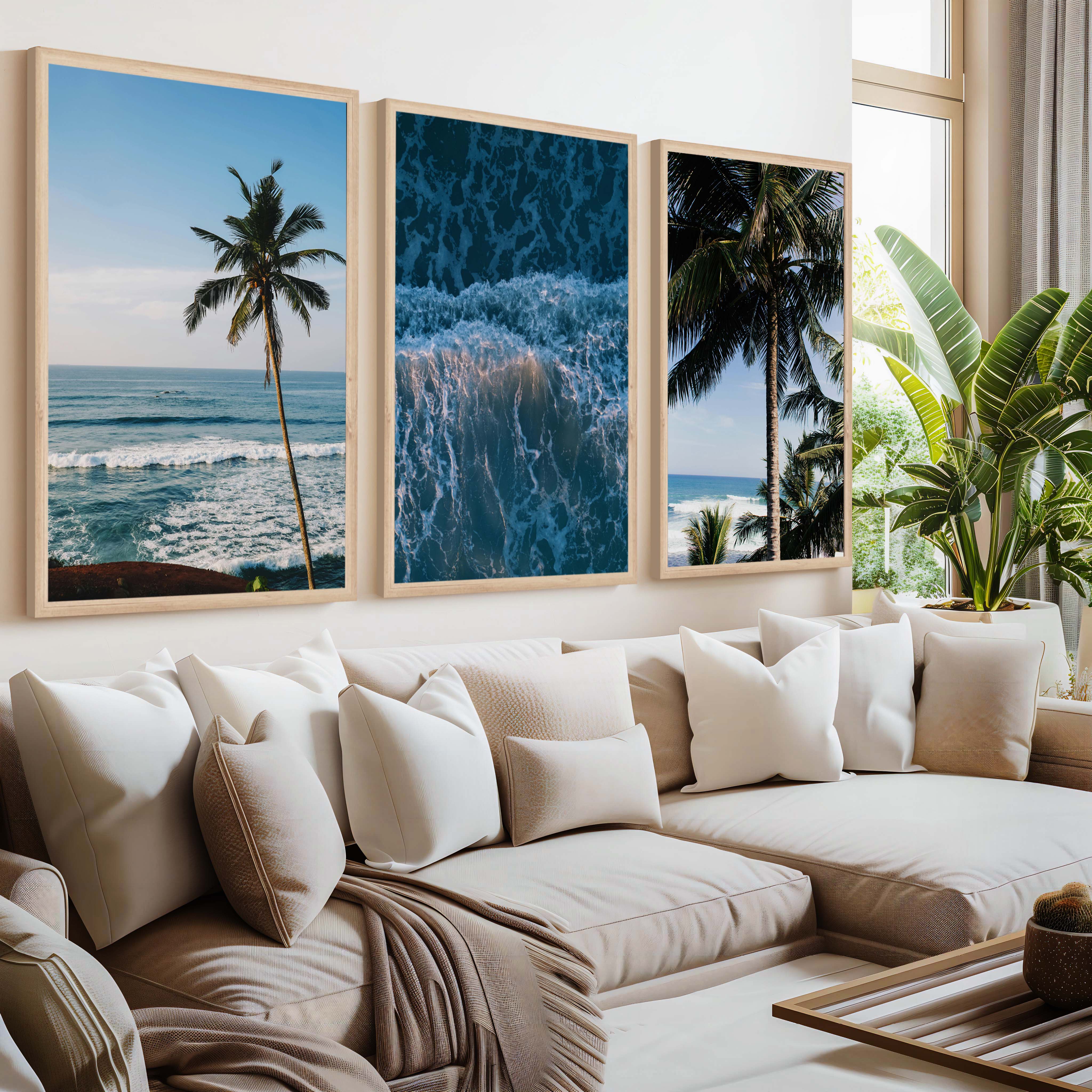 Large Vertical Coastal Wall Art – Palm Trees & Ocean Breeze - Natural Wood Framed Poster No Border - Artworksets