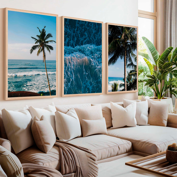 Large Vertical Coastal Wall Art – Palm Trees & Ocean Breeze - Natural Wood Framed Poster No Border - Artworksets