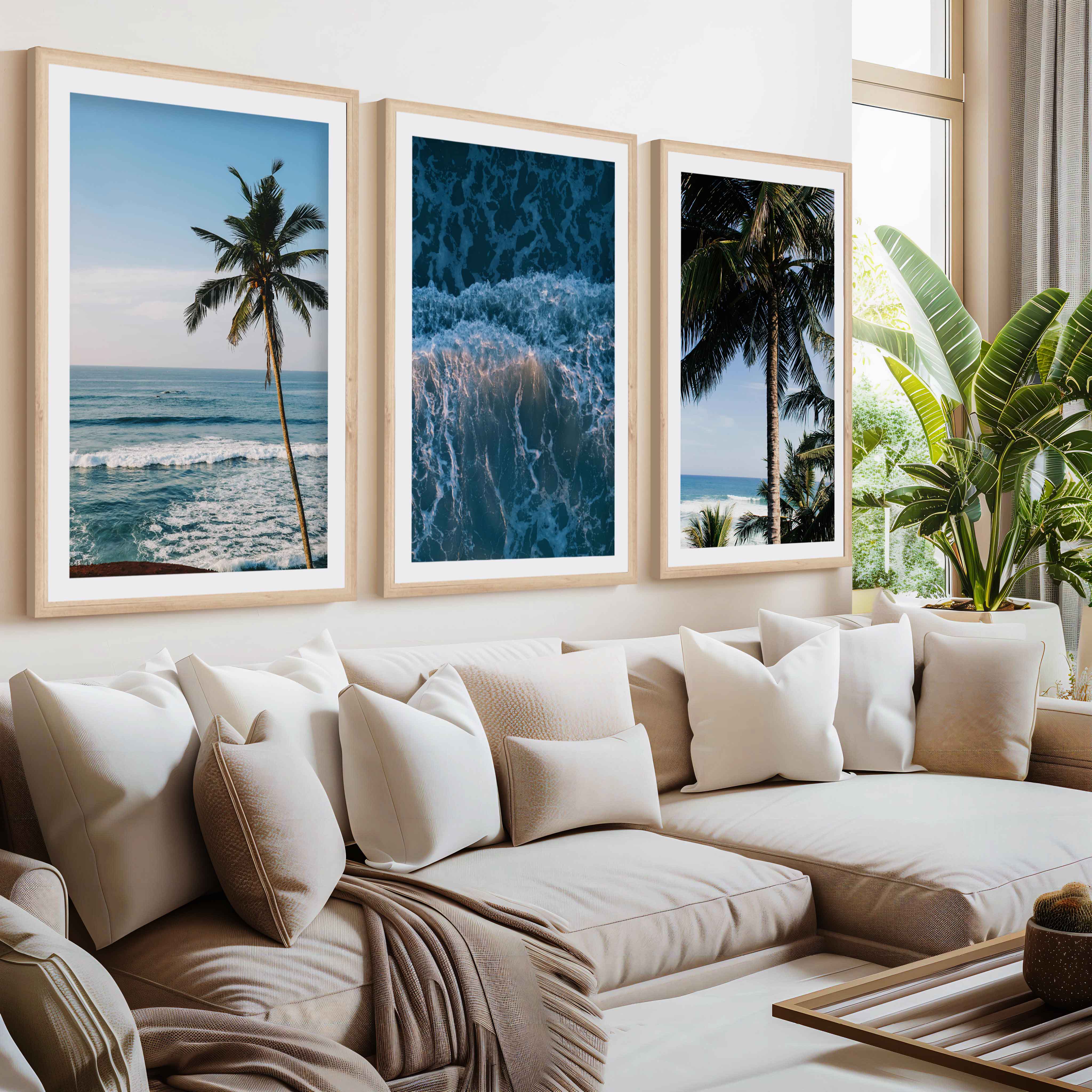 Large Vertical Coastal Wall Art – Palm Trees & Ocean Breeze- Natural Wood Framed Poster with White Border - Artworksets