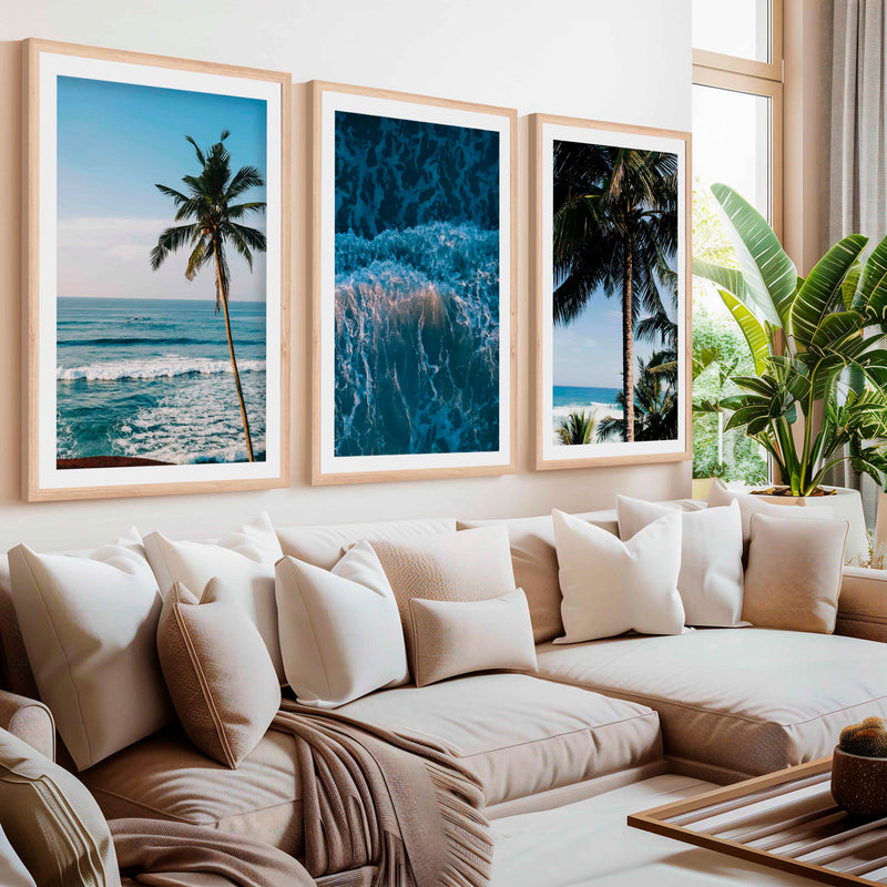Large Vertical Coastal Wall Art – Palm Trees & Ocean Breeze- Natural Wood Framed Poster with White Border - Artworksets