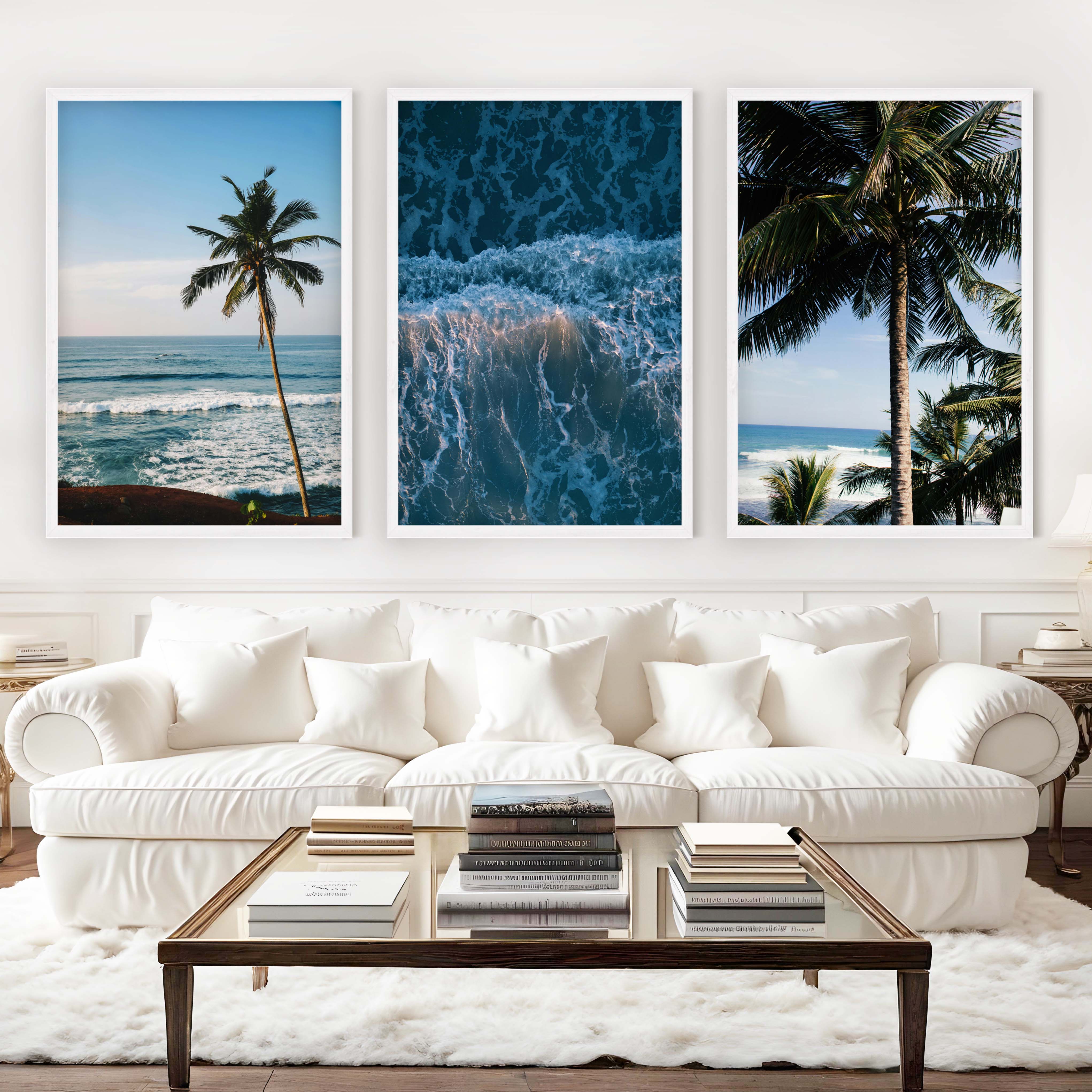 Large Vertical Coastal Wall Art – Palm Trees & Ocean Breeze - White Framed Poster No Border - Artworksets