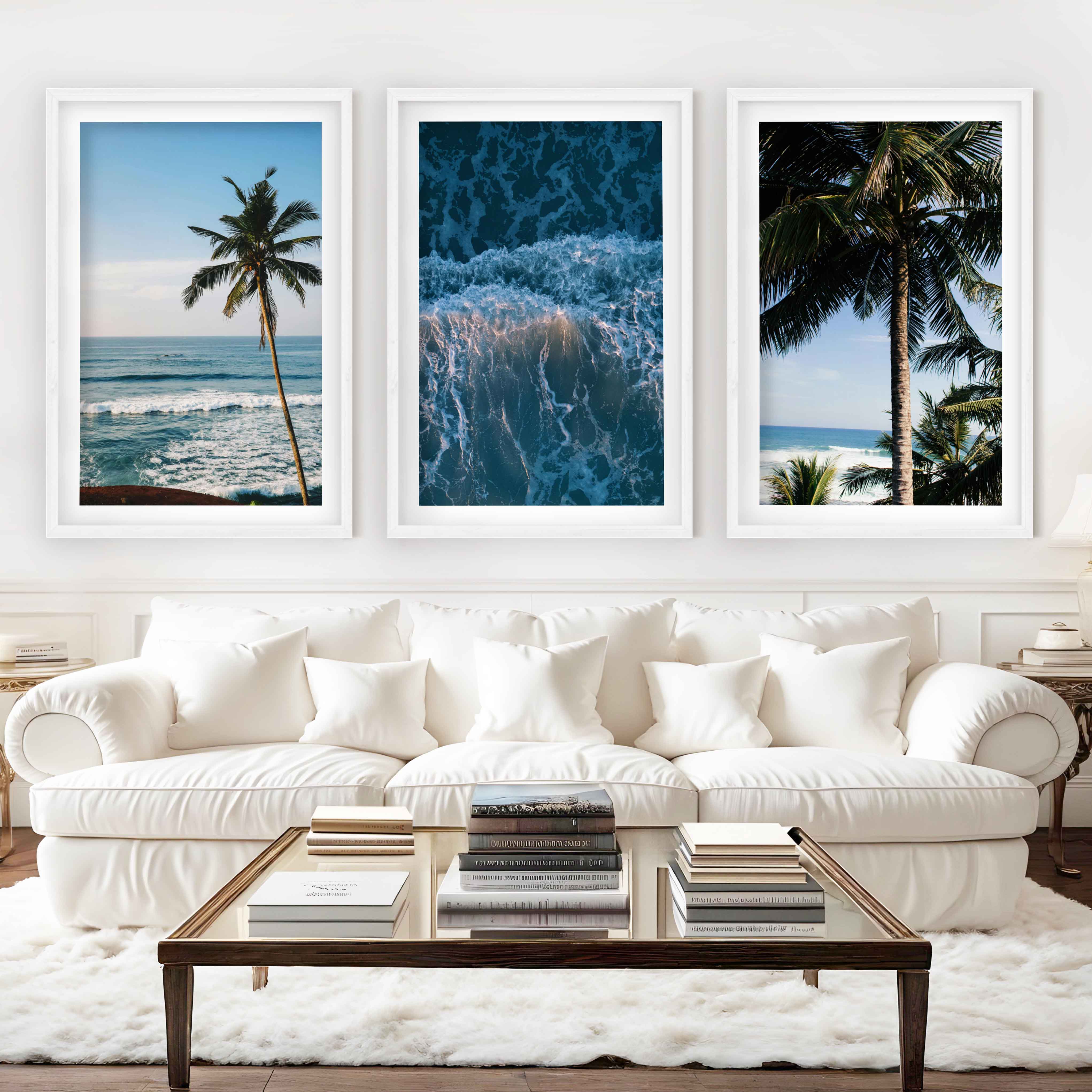 Large Vertical Coastal Wall Art – Palm Trees & Ocean Breeze - White Framed Poster with White Border - Artworksets