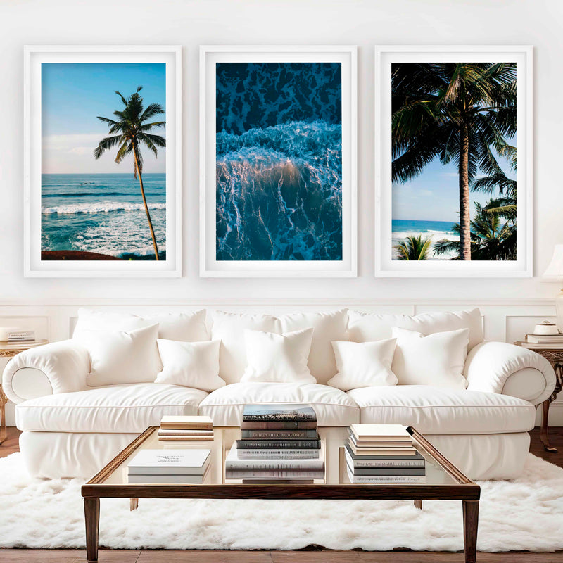 Large Vertical Coastal Wall Art – Palm Trees & Ocean Breeze - White Framed Poster with White Border - Artworksets