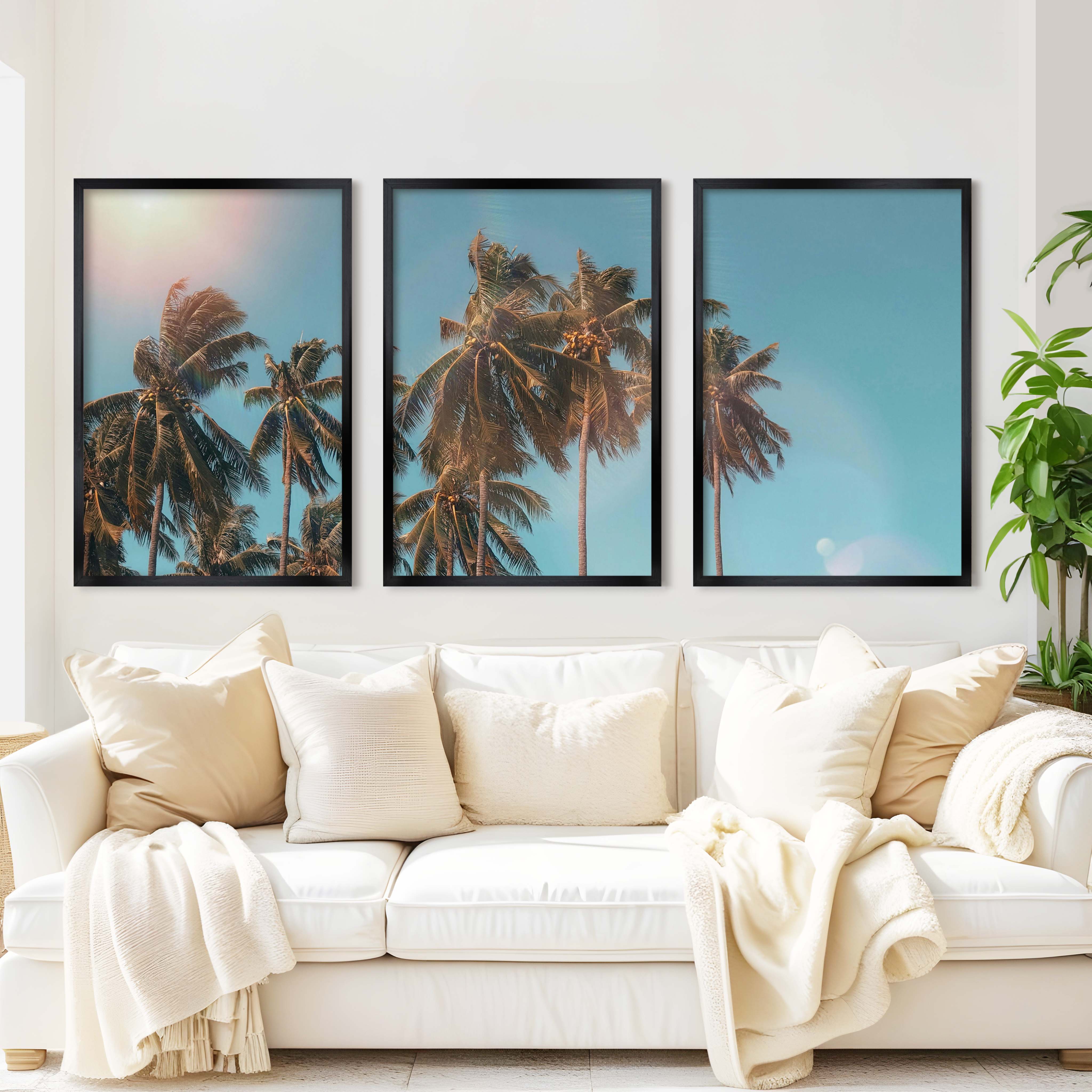 Large Wall Art Beach – Tropical Palm Tree Triptych (3 Prints) - Black Framed Poster No Border - Artworksets