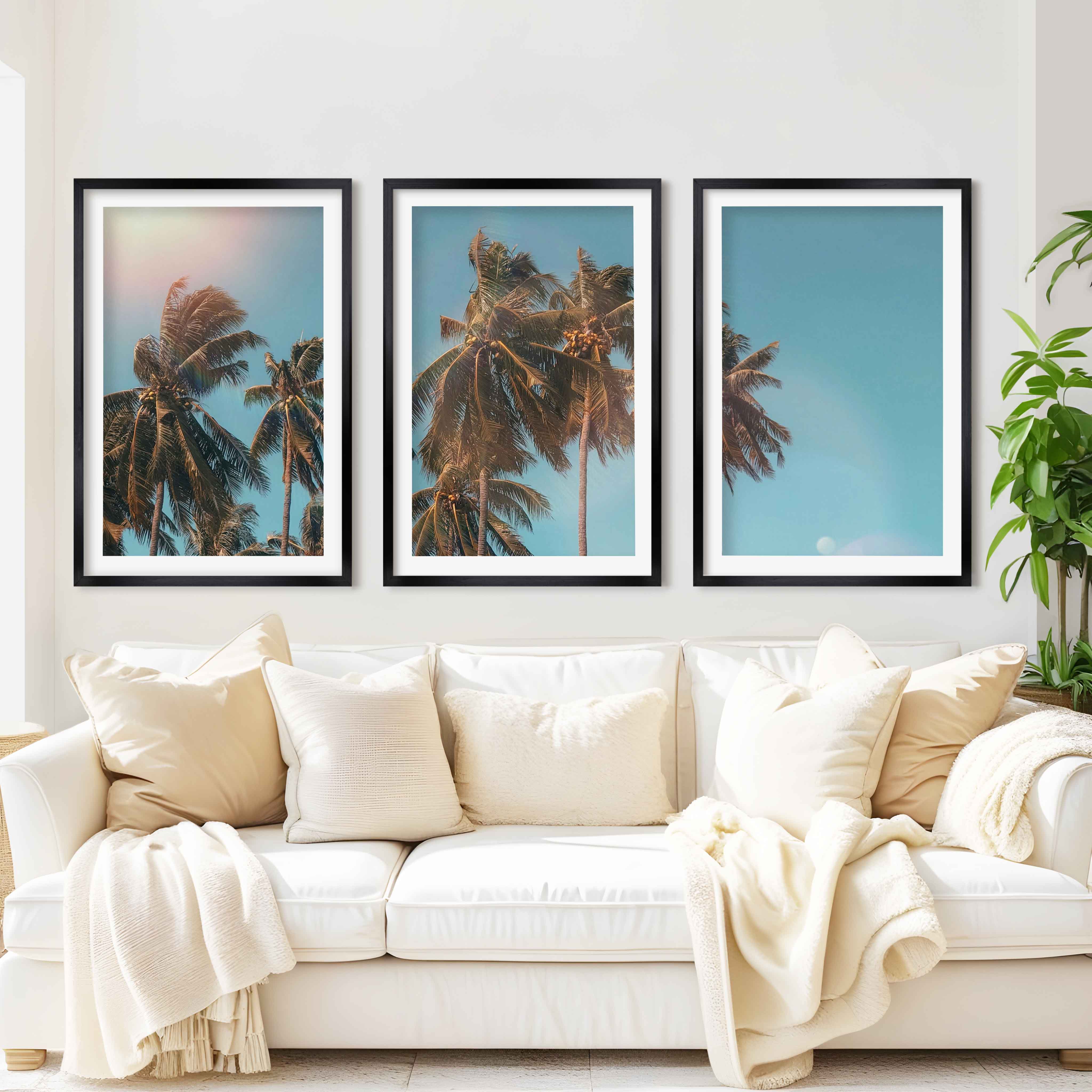 Large Wall Art Beach – Tropical Palm Tree Triptych (3 Prints) - Black Framed Poster with White Border - Artworksets