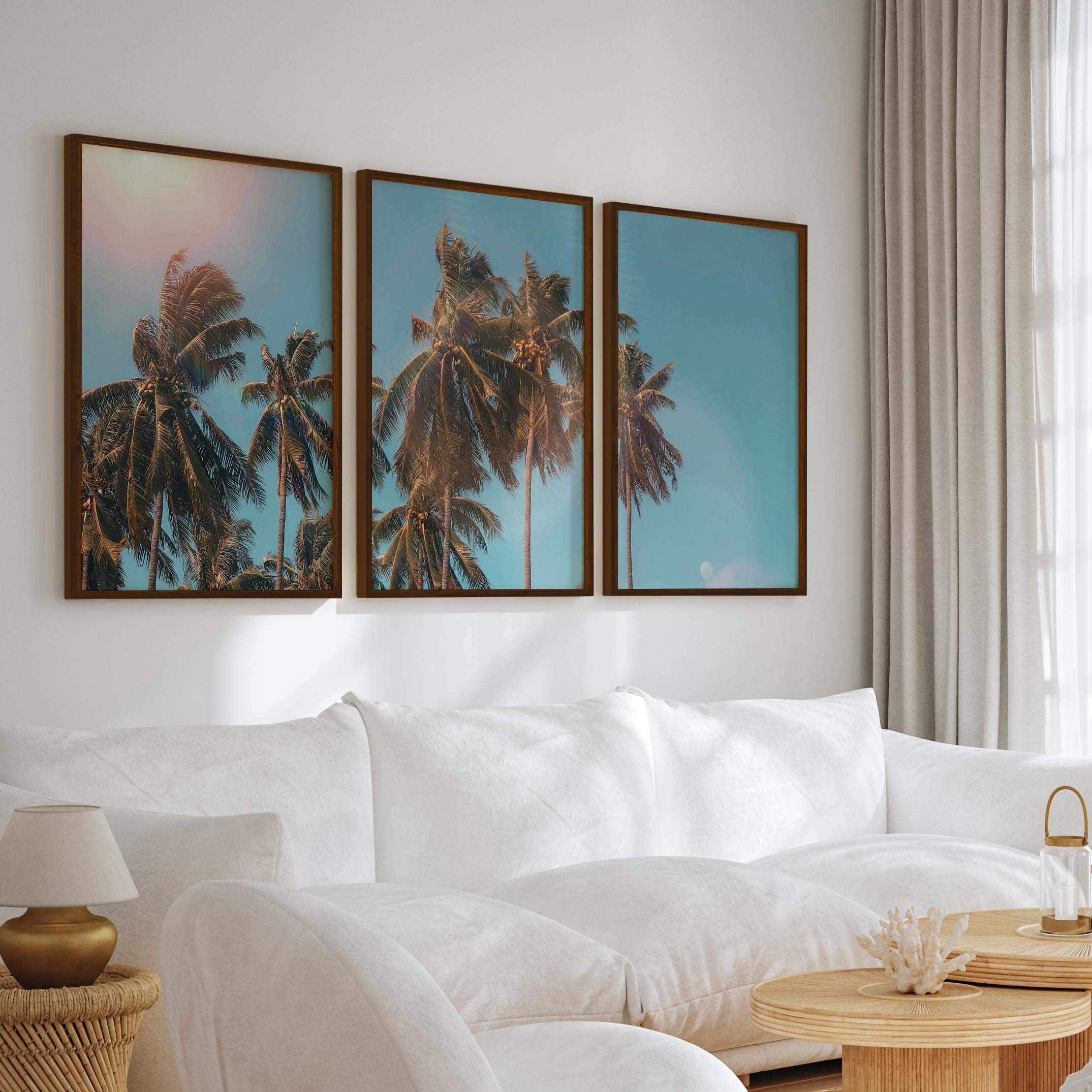 Large Wall Art Beach – Tropical Palm Tree Triptych (3 Prints) - Dark Brown Framed Poster No Border - Artworksets
