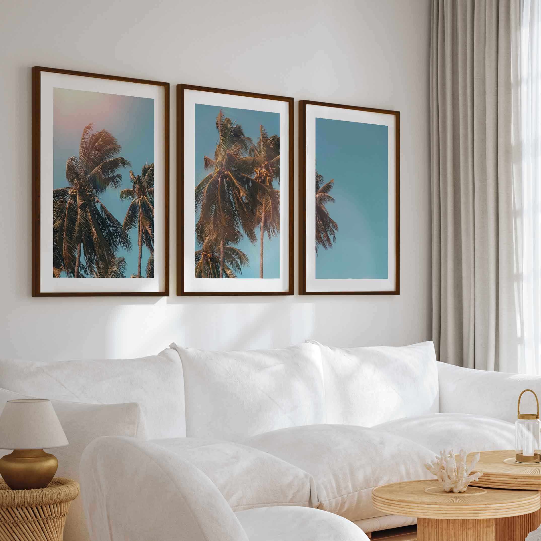 Large Wall Art Beach – Tropical Palm Tree Triptych (3 Prints) - Dark Brown Framed Poster with White Border - Artworksets