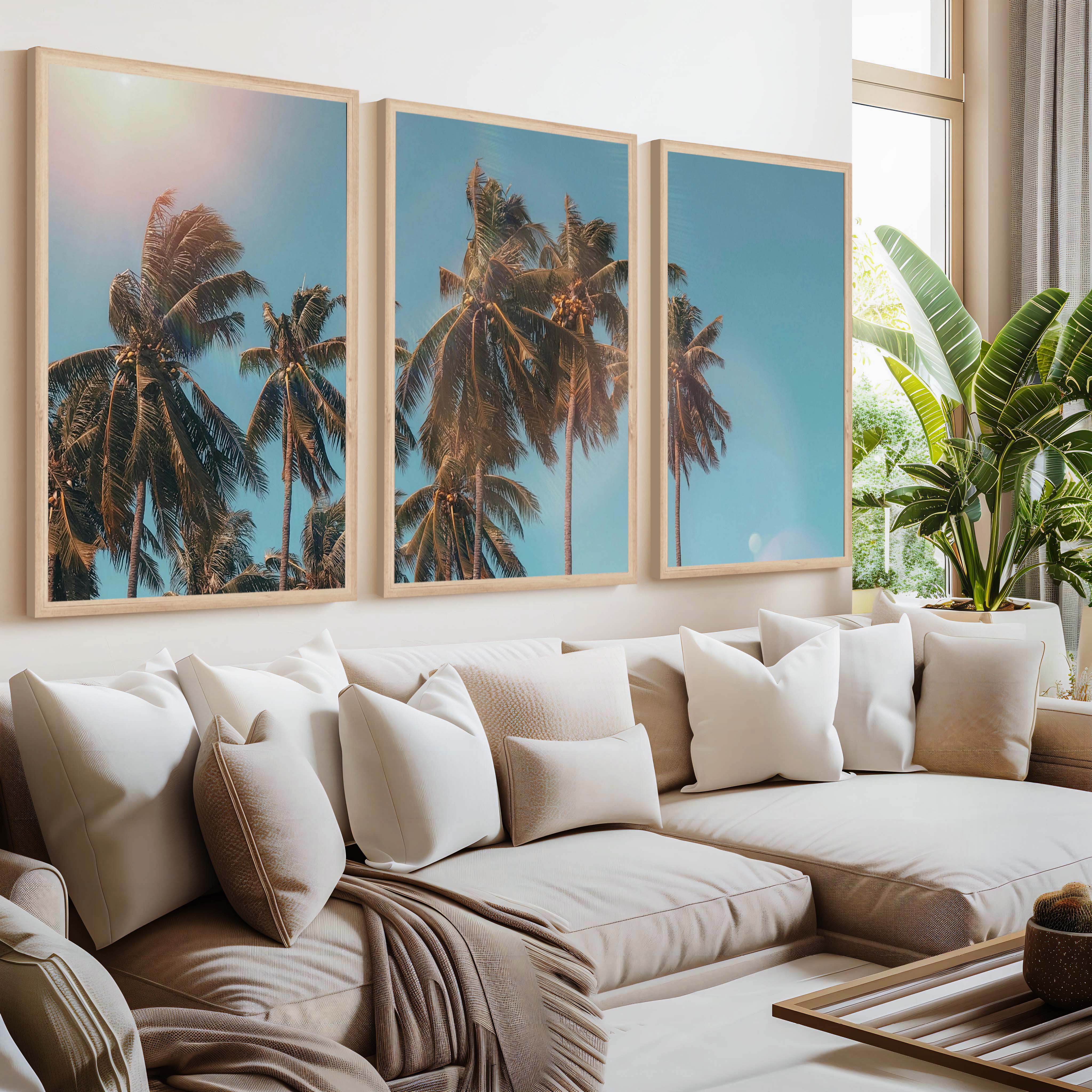 Large Wall Art Beach – Tropical Palm Tree Triptych (3 Prints) - Natural Wood Framed Poster No Border - Artworksets
