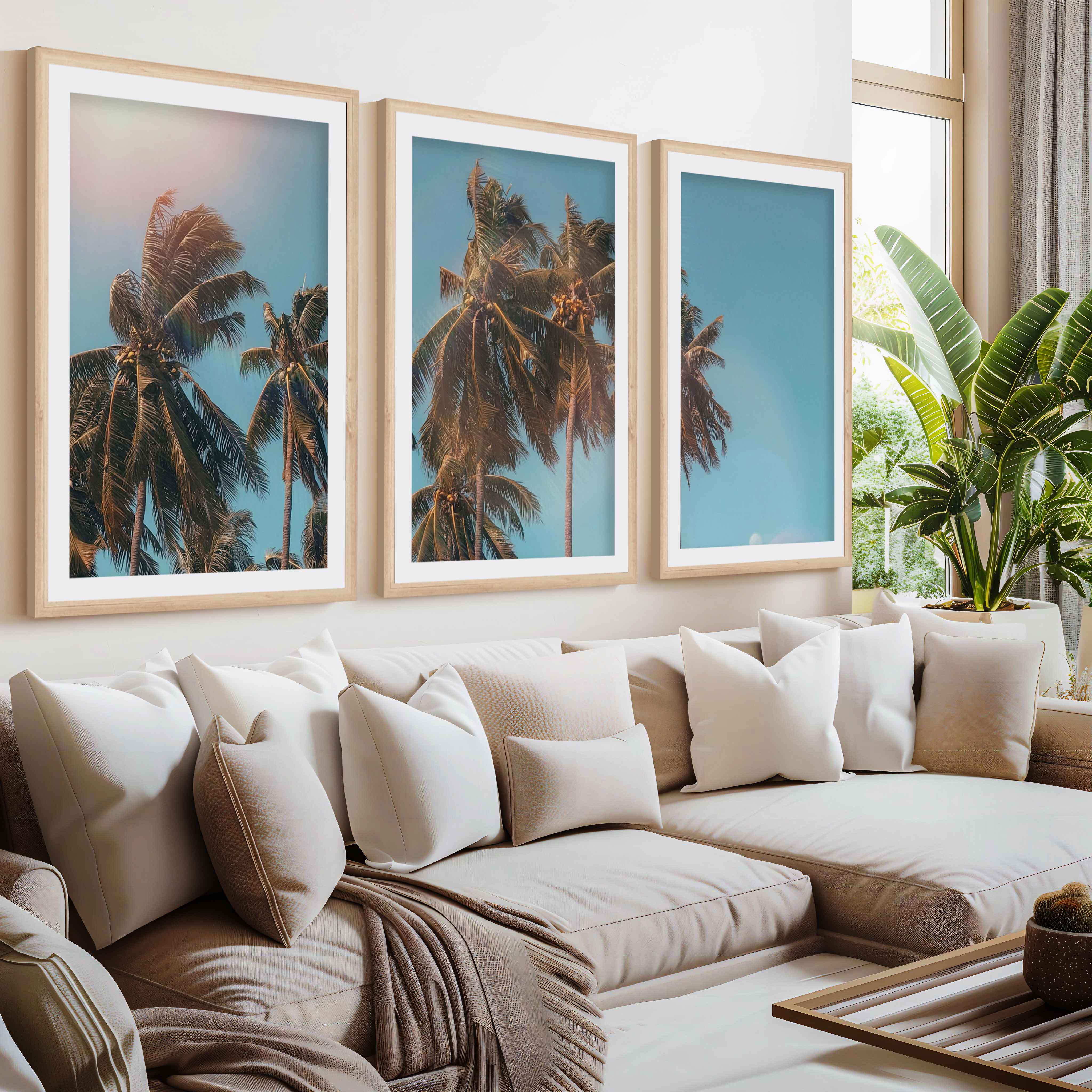 Large Wall Art Beach – Tropical Palm Tree Triptych (3 Prints)- Natural Wood Framed Poster with White Border - Artworksets