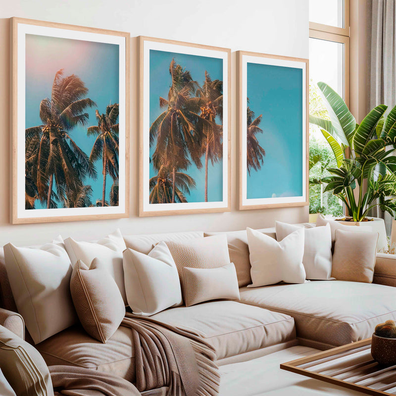 Large Wall Art Beach – Tropical Palm Tree Triptych (3 Prints)- Natural Wood Framed Poster with White Border - Artworksets