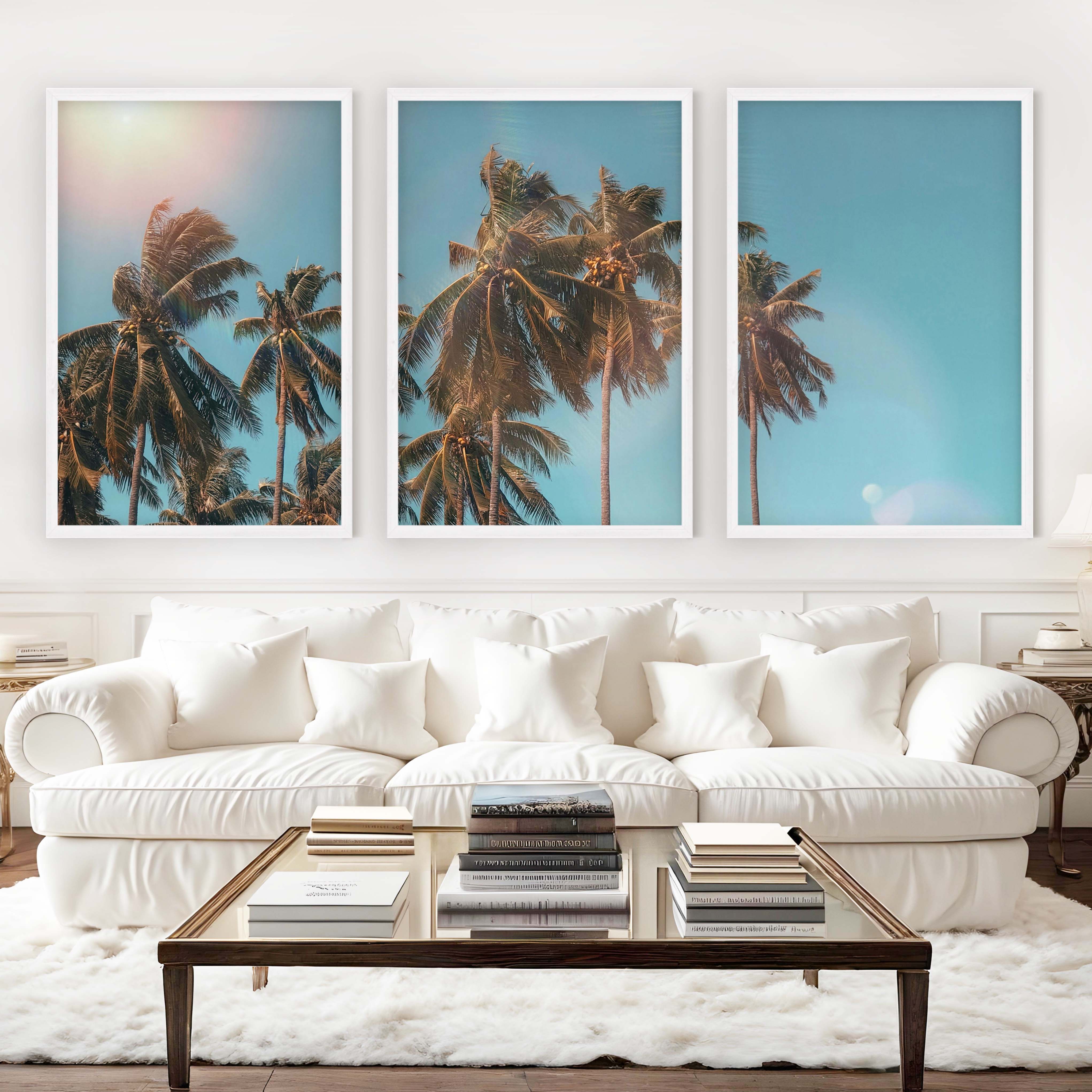 Large Wall Art Beach – Tropical Palm Tree Triptych (3 Prints) - White Framed Poster No Border - Artworksets