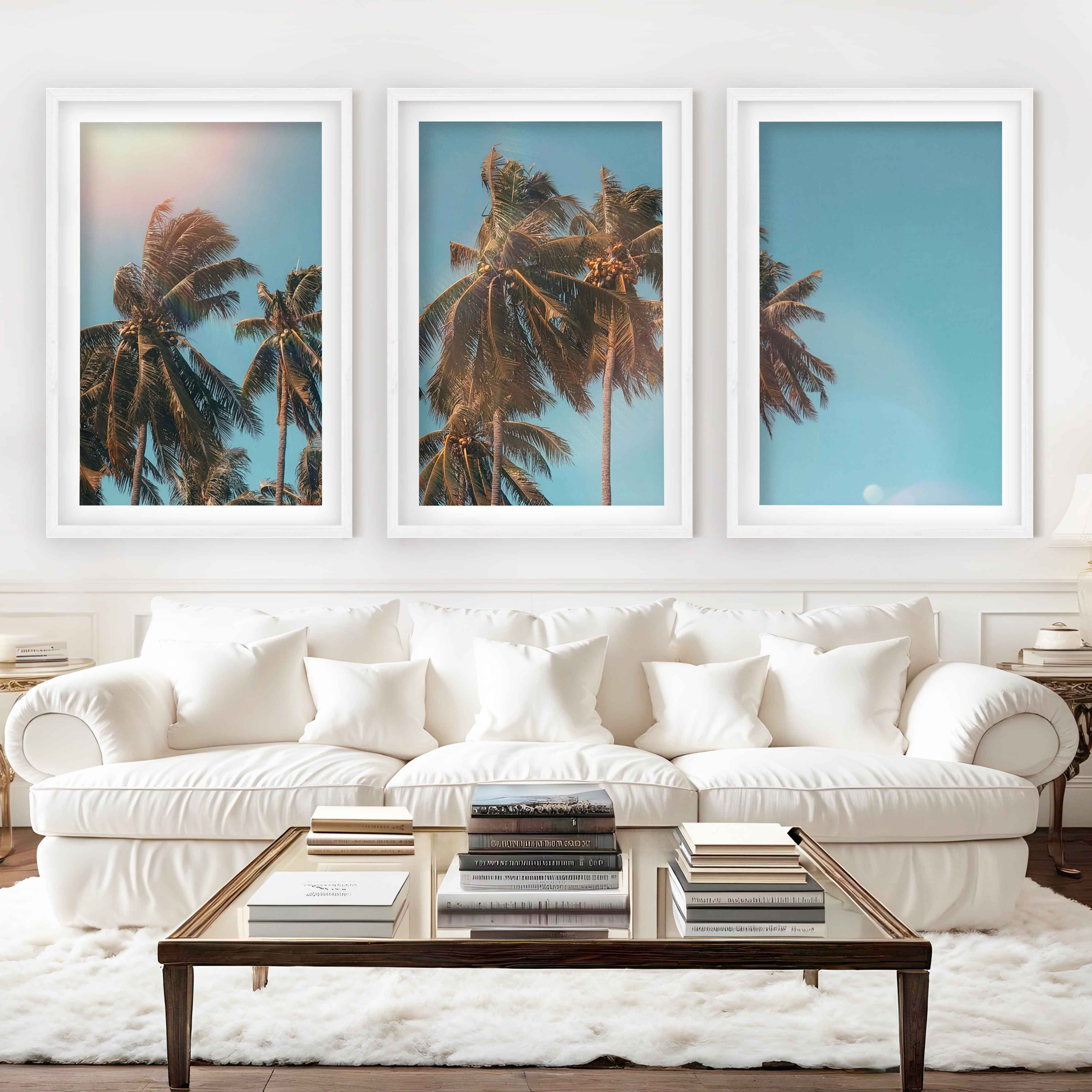 Large Wall Art Beach – Tropical Palm Tree Triptych (3 Prints) - White Framed Poster with White Border - Artworksets