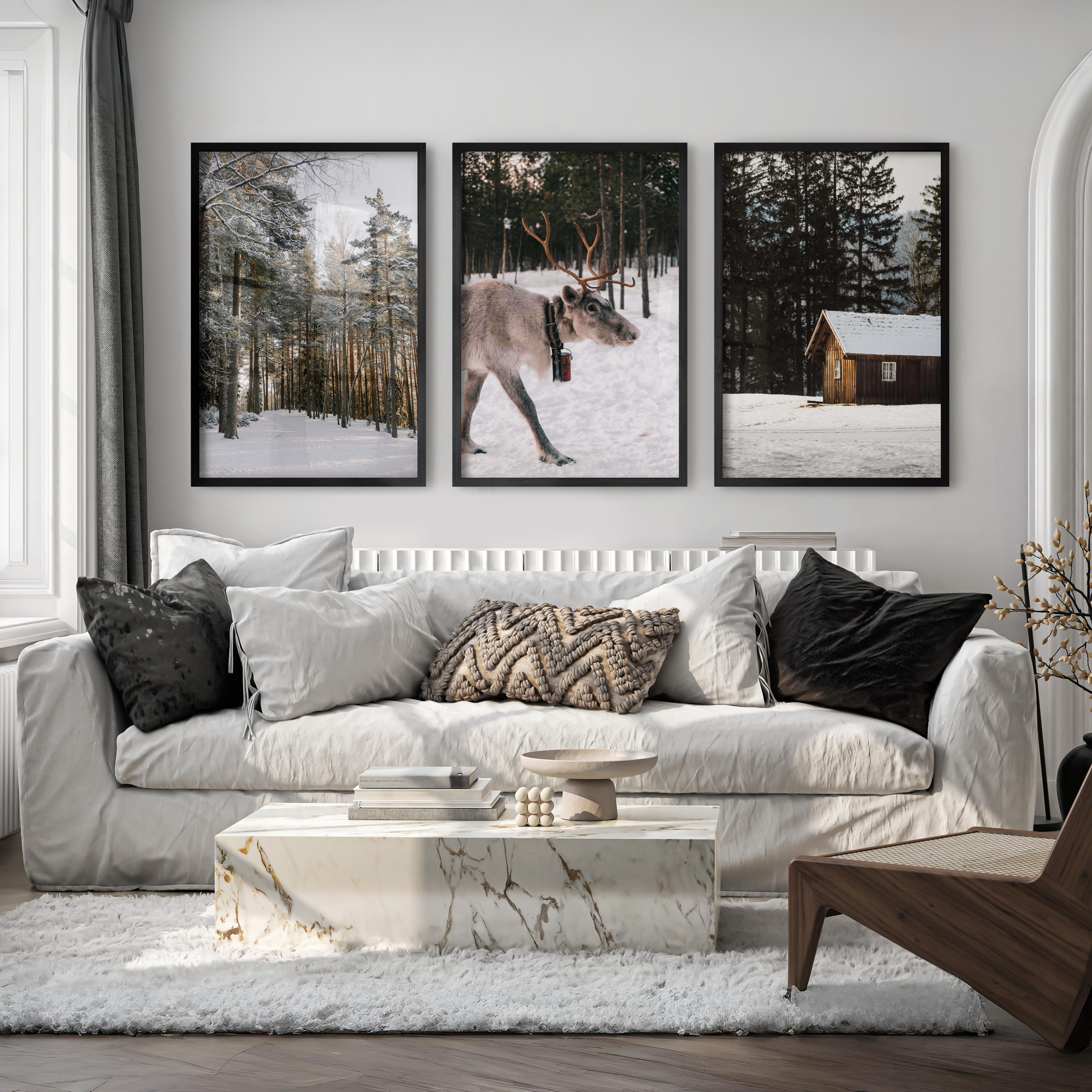 Wall Art Winter Triptych – Deer, Snowy Forest & Cabin - Black Framed Poster No Border - Artworksets
