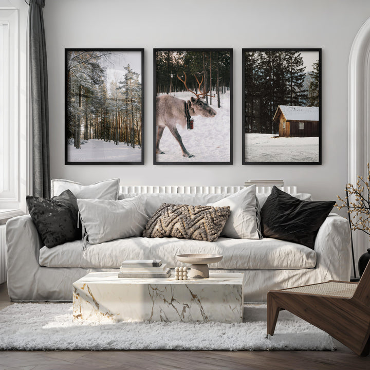 Wall Art Winter Triptych – Deer, Snowy Forest & Cabin - Black Framed Poster No Border - Artworksets