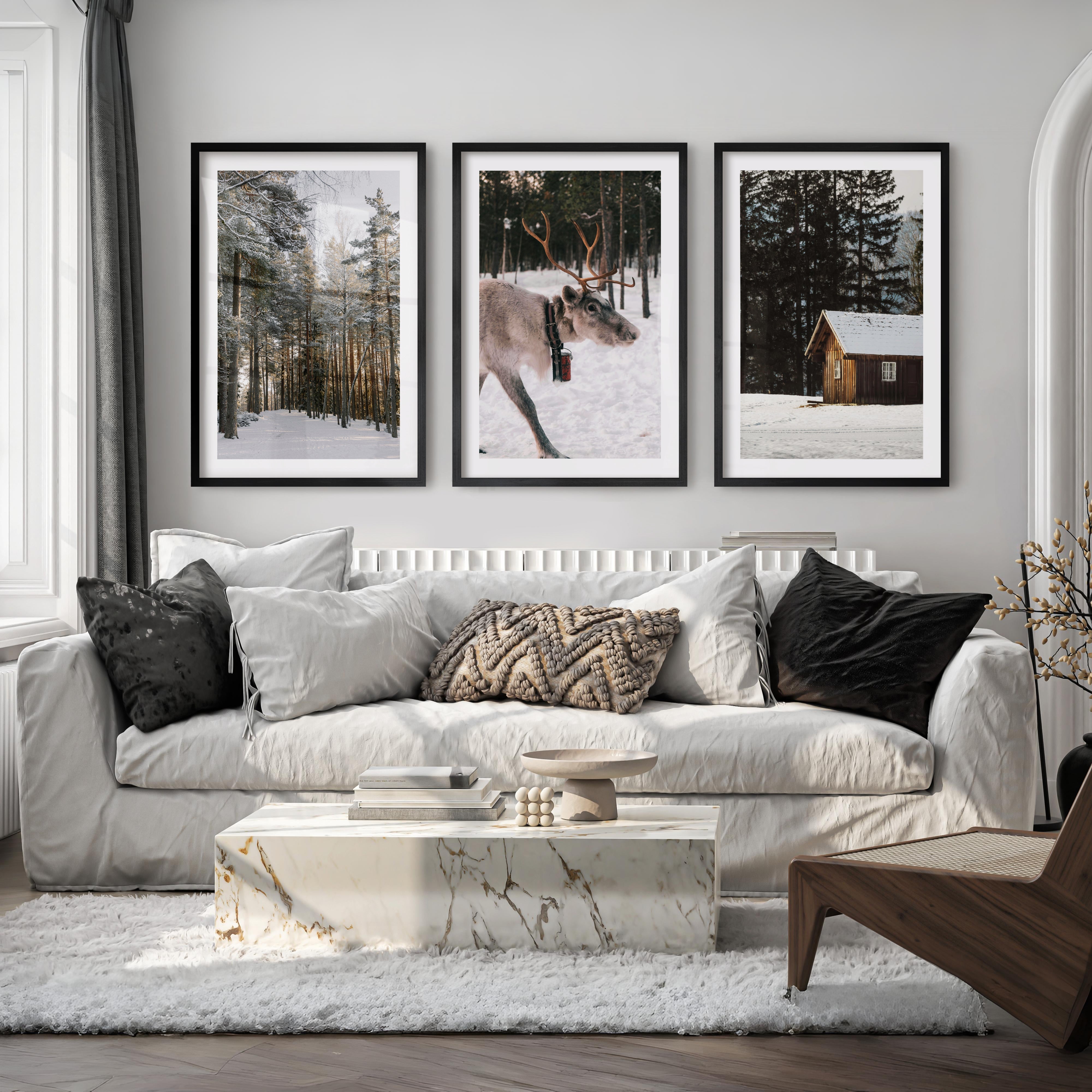 Wall Art Winter Triptych – Deer, Snowy Forest & Cabin - Black Framed Poster with White Border - Artworksets