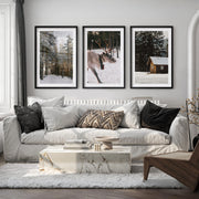 Wall Art Winter Triptych – Deer, Snowy Forest & Cabin - Black Framed Poster with White Border - Artworksets