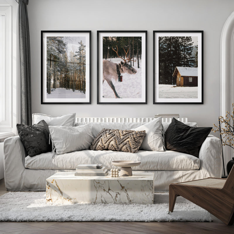 Wall Art Winter Triptych – Deer, Snowy Forest & Cabin - Black Framed Poster with White Border - Artworksets
