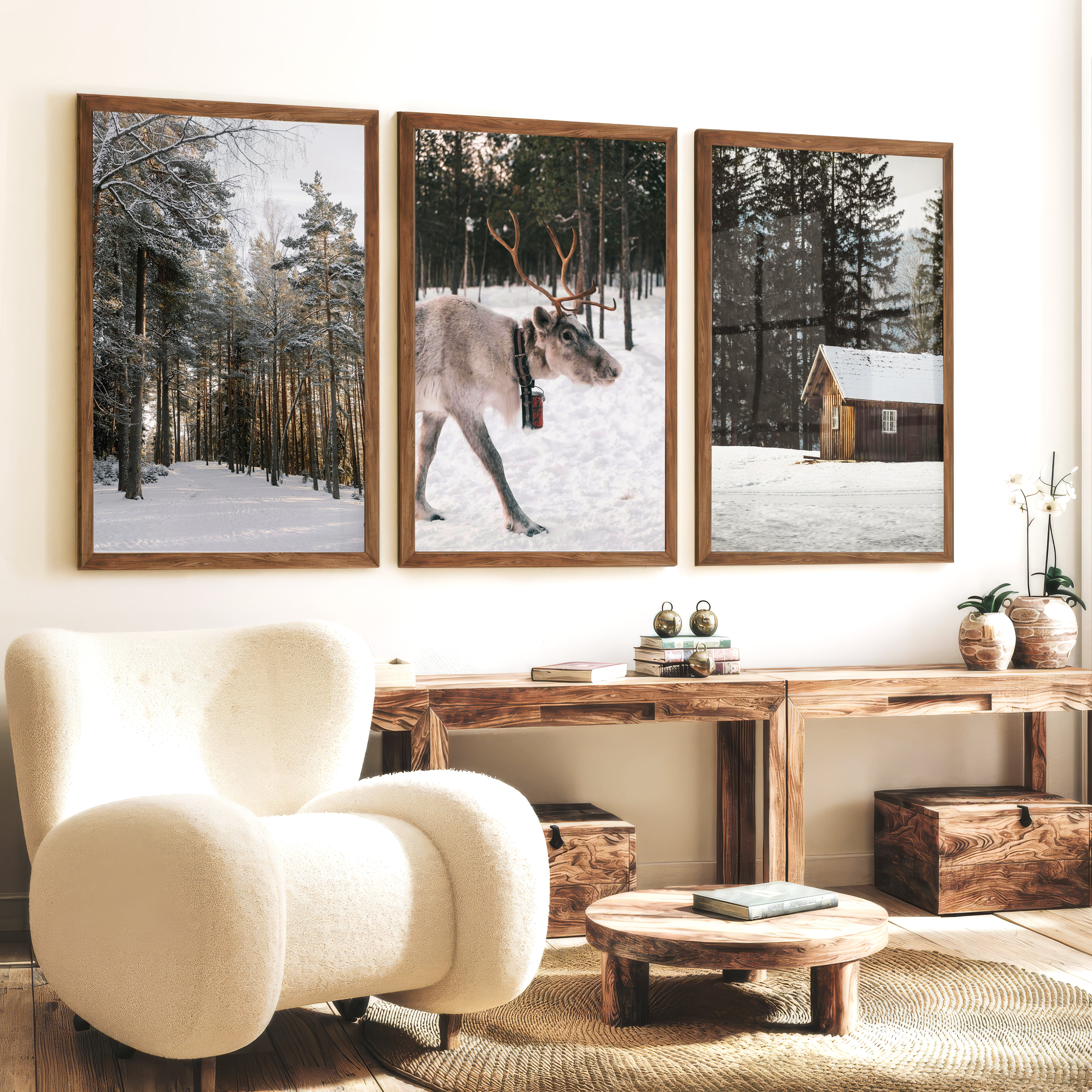 Wall Art Winter Triptych – Deer, Snowy Forest & Cabin - Dark Brown Framed Poster No Border - Artworksets