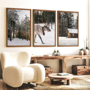 Wall Art Winter Triptych – Deer, Snowy Forest & Cabin - Dark Brown Framed Poster No Border - Artworksets