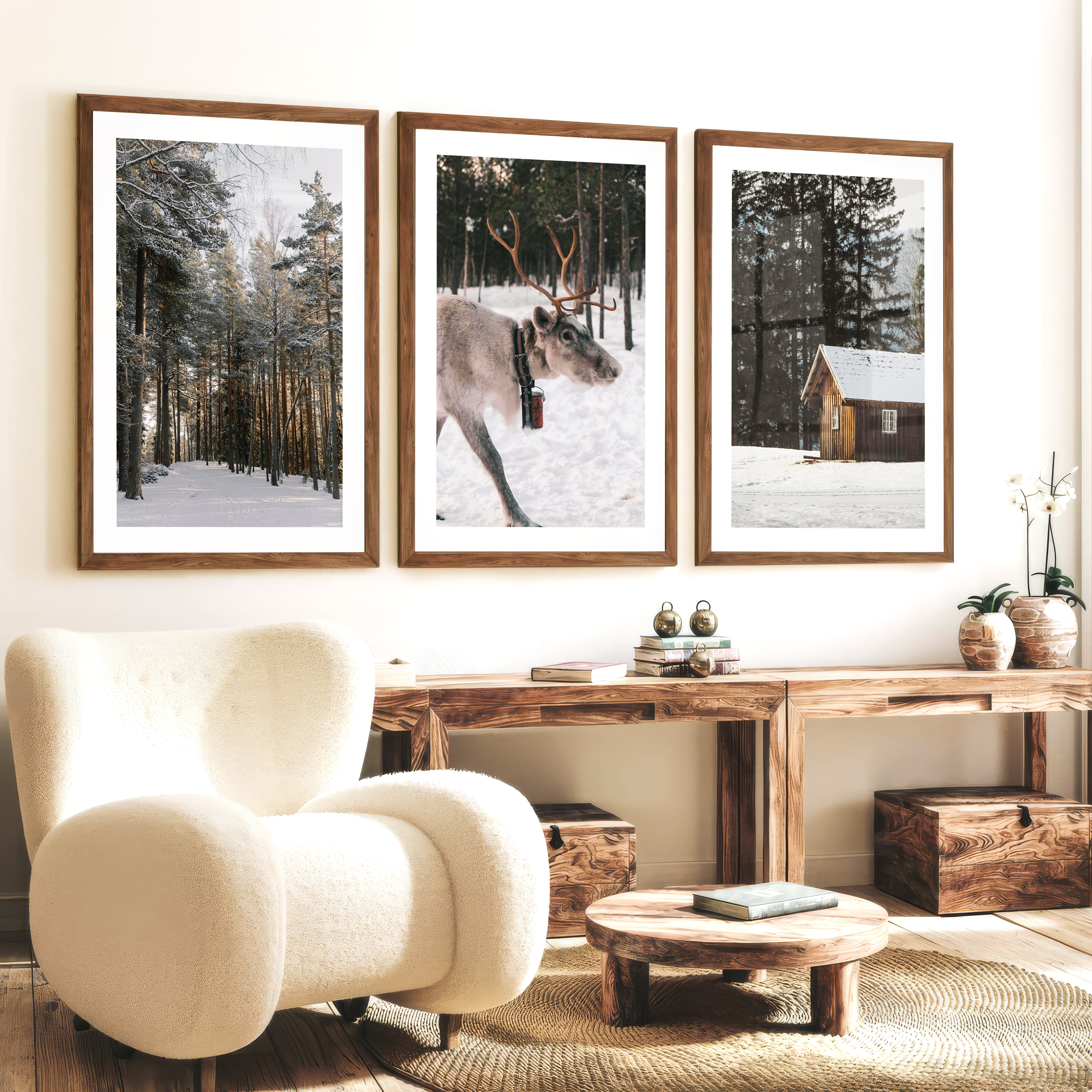 Wall Art Winter Triptych – Deer, Snowy Forest & Cabin - Dark Brown Framed Poster with White Border - Artworksets