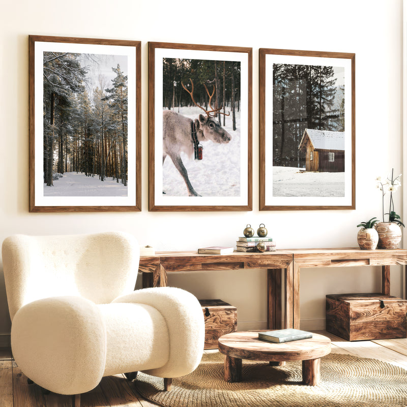 Wall Art Winter Triptych – Deer, Snowy Forest & Cabin - Dark Brown Framed Poster with White Border - Artworksets