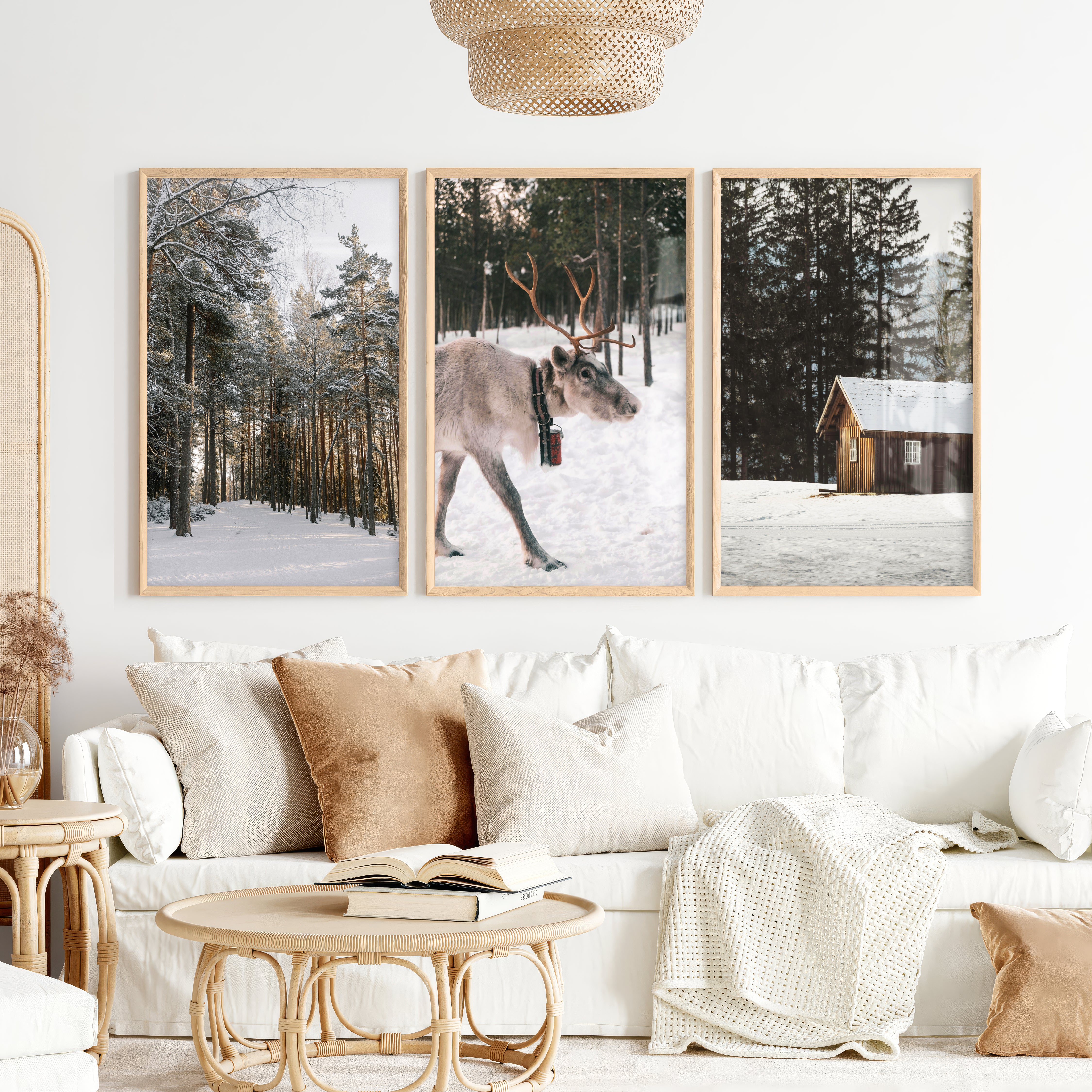 Wall Art Winter Triptych – Deer, Snowy Forest & Cabin - Natural Wood Framed Poster No Border - Artworksets