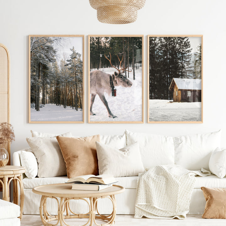 Wall Art Winter Triptych – Deer, Snowy Forest & Cabin - Natural Wood Framed Poster No Border - Artworksets
