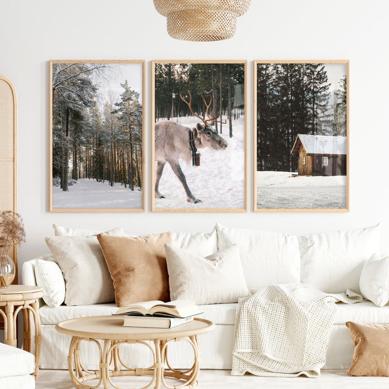 Wall Art Winter Triptych – Deer, Snowy Forest & Cabin - Natural Wood Framed Poster No Border - Artworksets