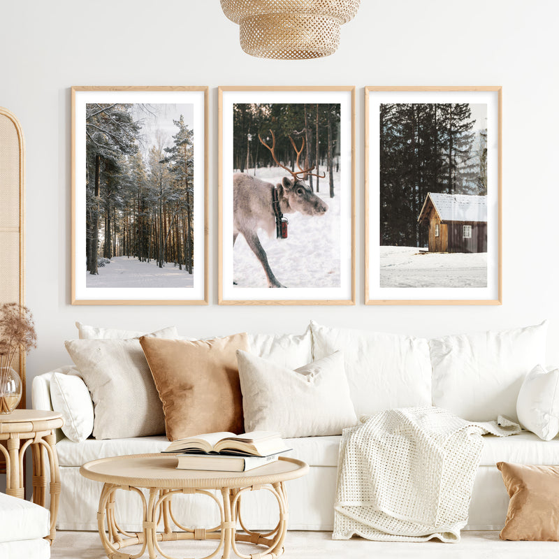 Wall Art Winter Triptych – Deer, Snowy Forest & Cabin- Natural Wood Framed Poster with White Border - Artworksets