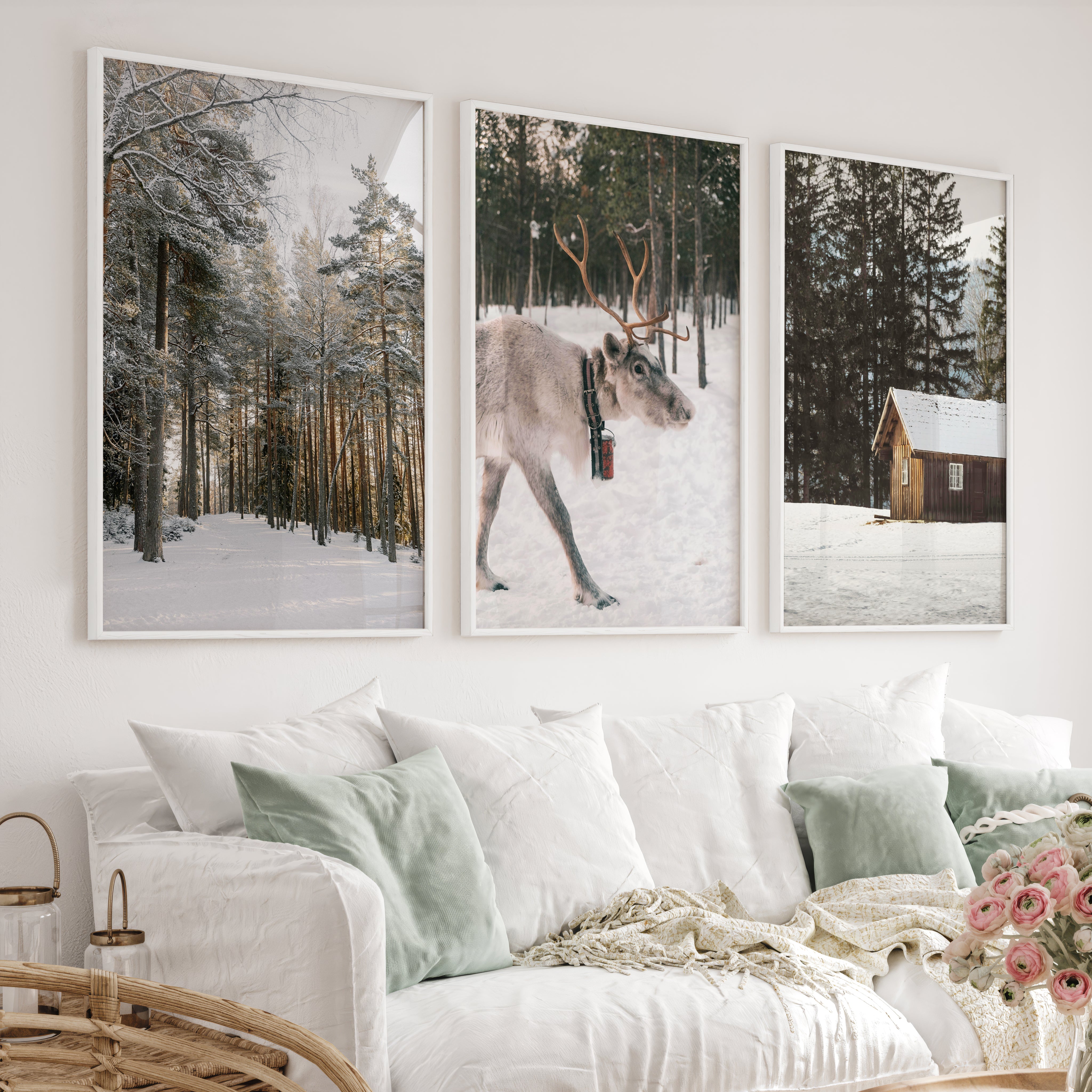 Wall Art Winter Triptych – Deer, Snowy Forest & Cabin - White Framed Poster No Border - Artworksets
