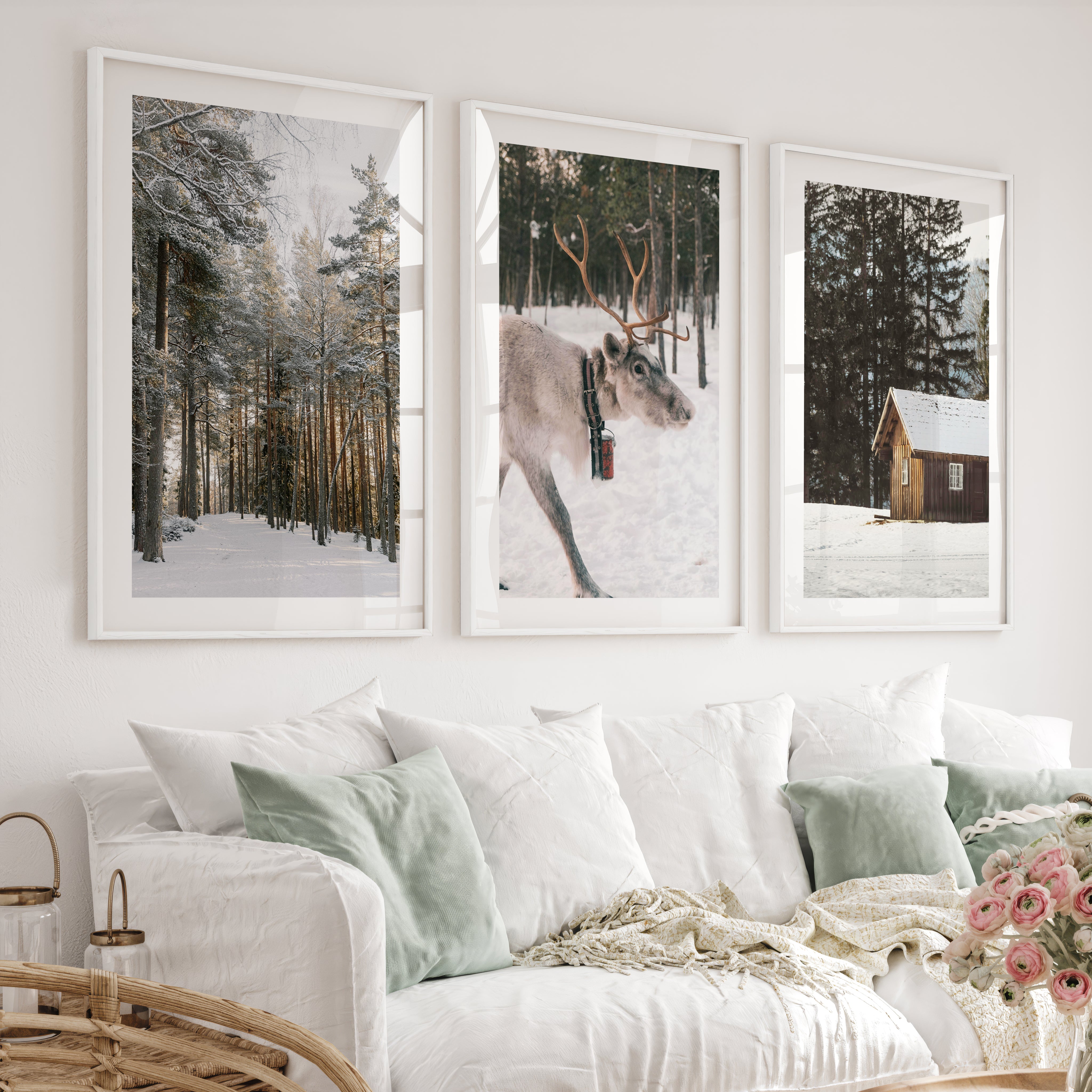 Wall Art Winter Triptych – Deer, Snowy Forest & Cabin - White Framed Poster with White Border - Artworksets