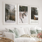 Wall Art Winter Triptych – Deer, Snowy Forest & Cabin - White Framed Poster with White Border - Artworksets