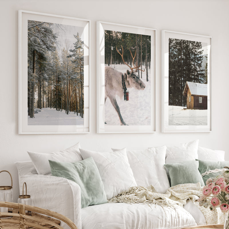 Wall Art Winter Triptych – Deer, Snowy Forest & Cabin - White Framed Poster with White Border - Artworksets