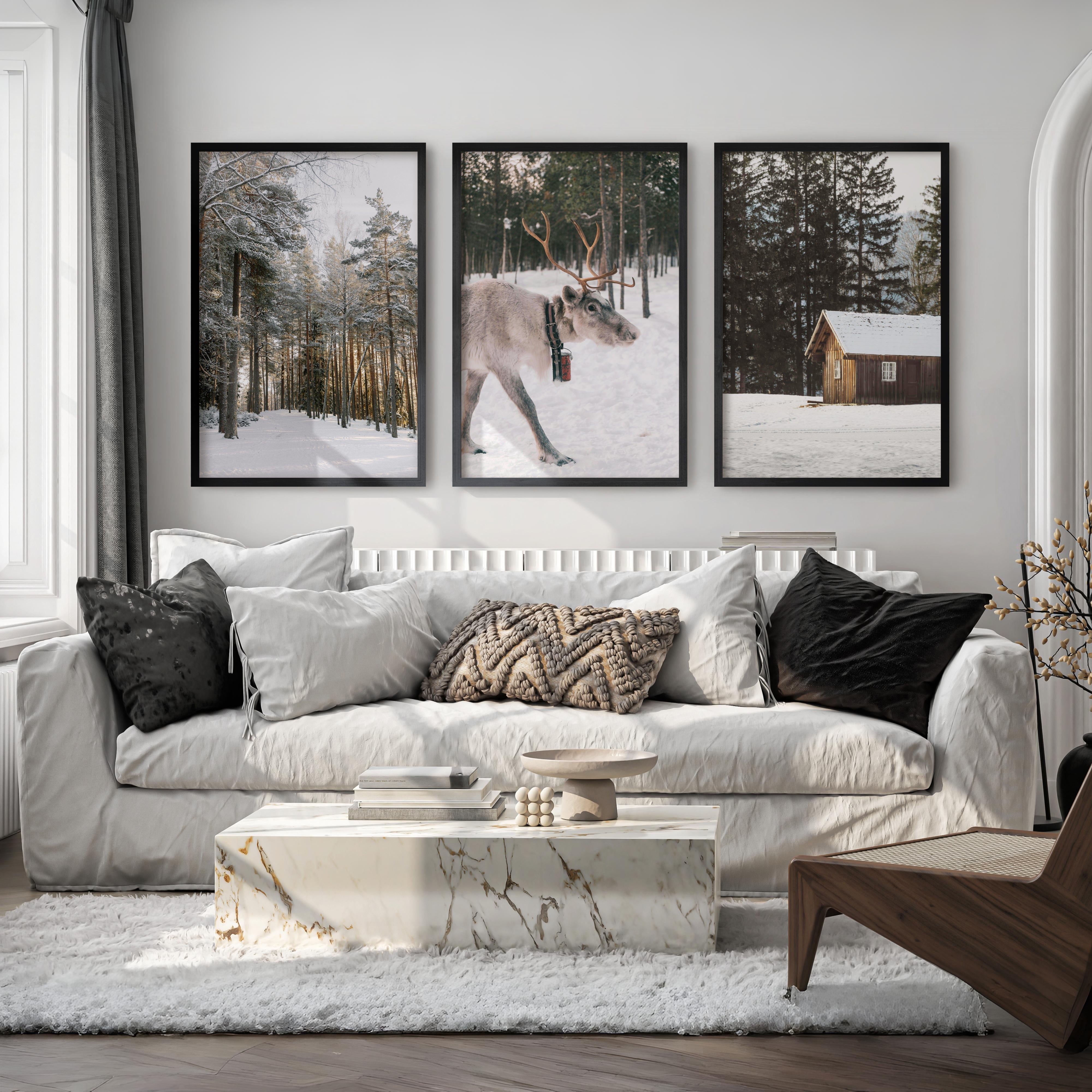 Wall Art Winter Triptych – Deer, Snowy Forest & Cabin - Black Framed Poster No Border - Artworksets