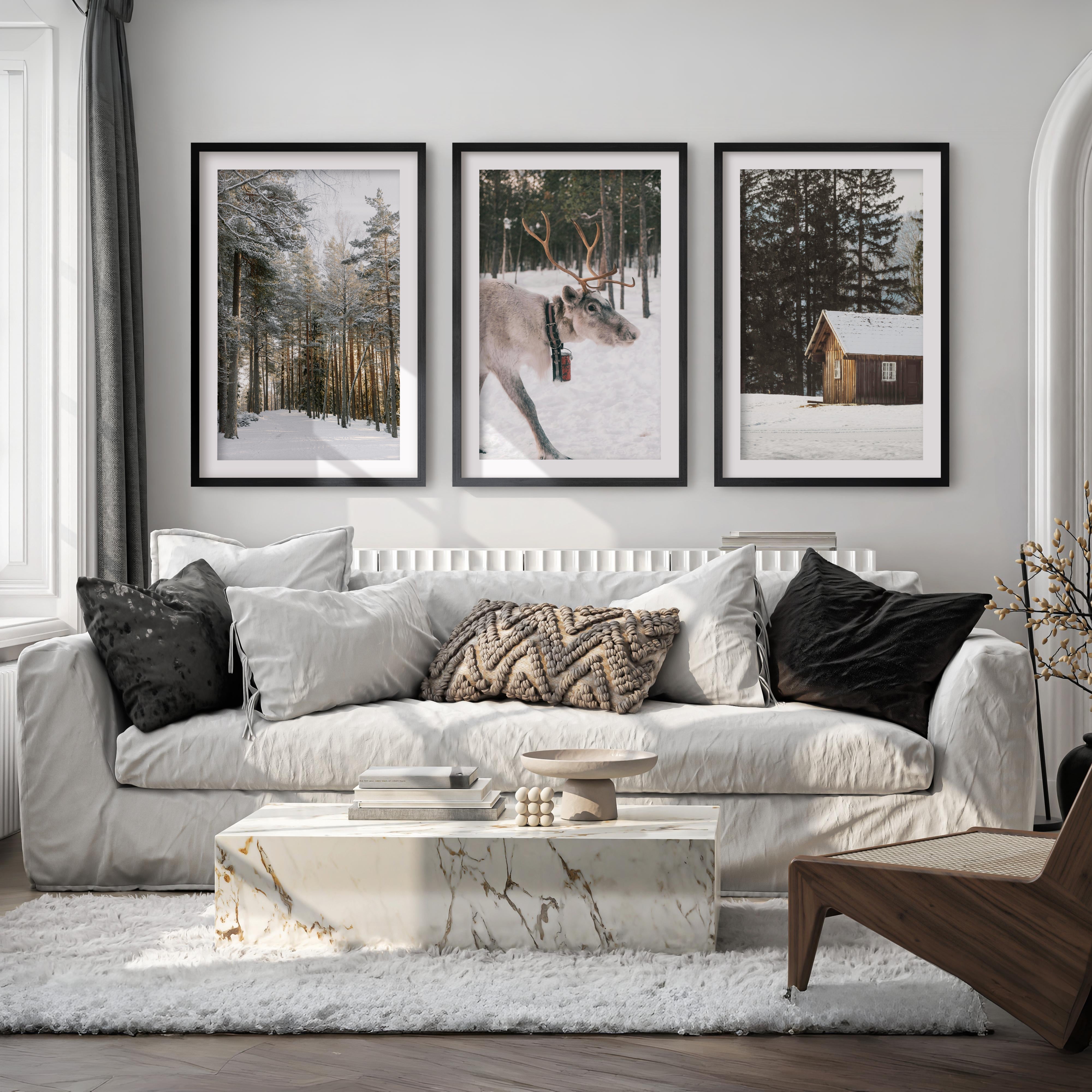 Wall Art Winter Triptych – Deer, Snowy Forest & Cabin - Black Framed Poster with White Border - Artworksets