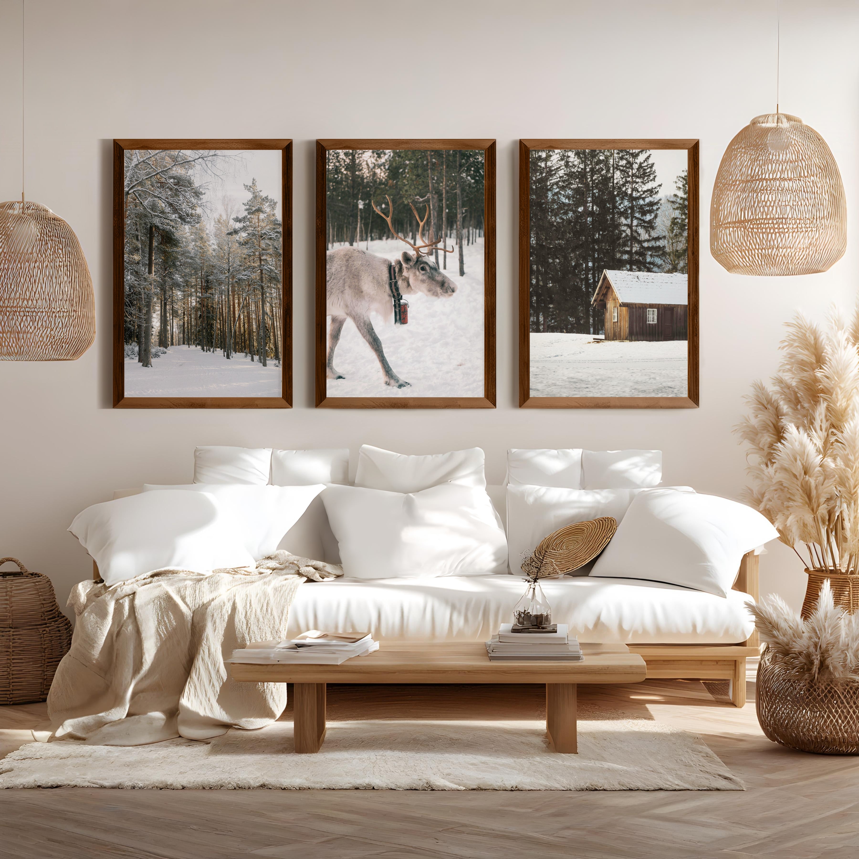 Wall Art Winter Triptych – Deer, Snowy Forest & Cabin - Dark Brown Framed Poster No Border - Artworksets